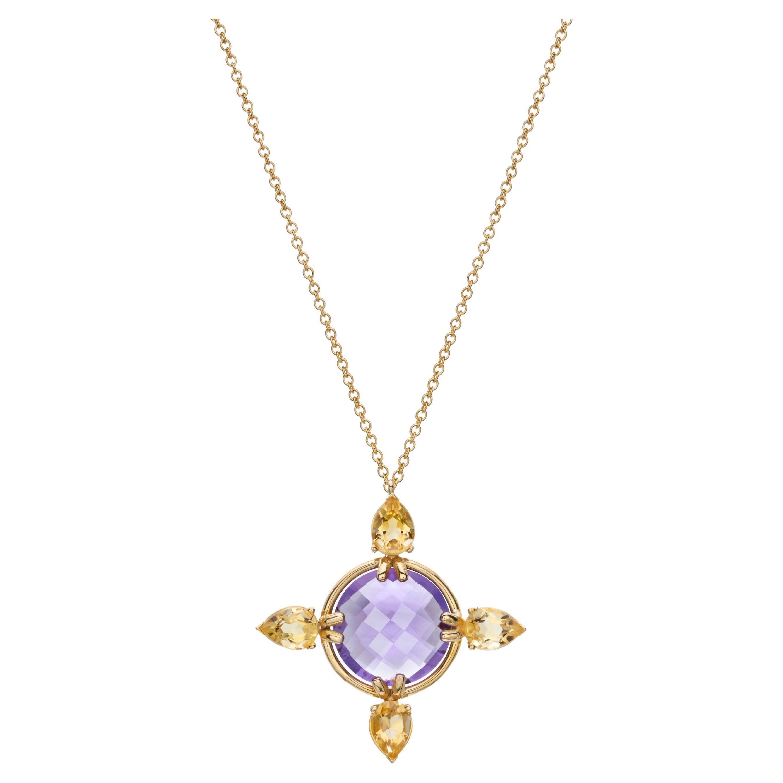 18Kt Gold Pendant Necklace with a Rose Cut Amethyst and Pear Citrine Cross Shape For Sale