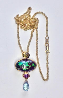 18kt Gold Pendant with Yellow Diamond, Boulder Opal & Pink & Teal Sapphires
