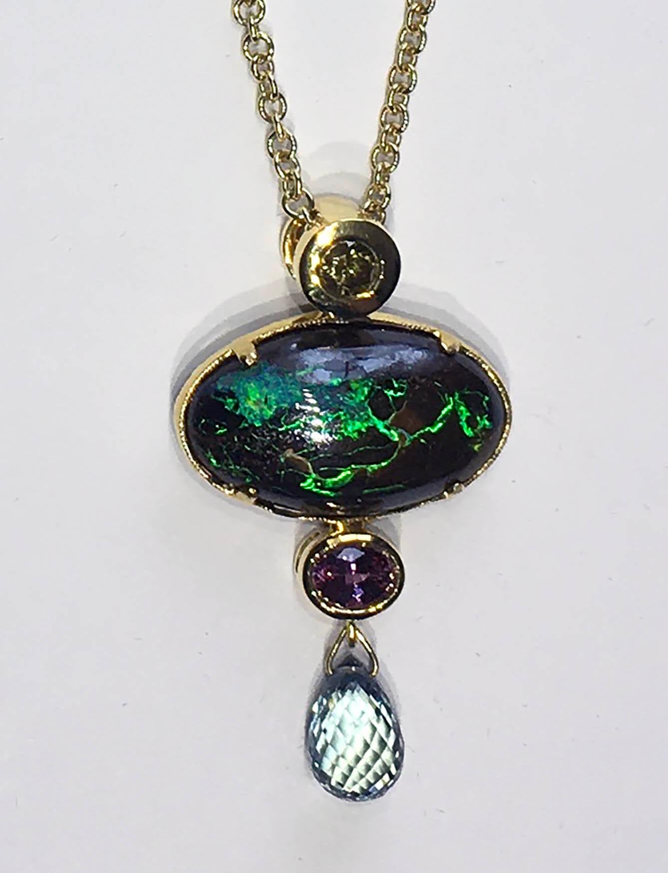 Edwardian 18kt Gold Pendant with Yellow Diamond, Boulder Opal & Pink & Teal Sapphires For Sale