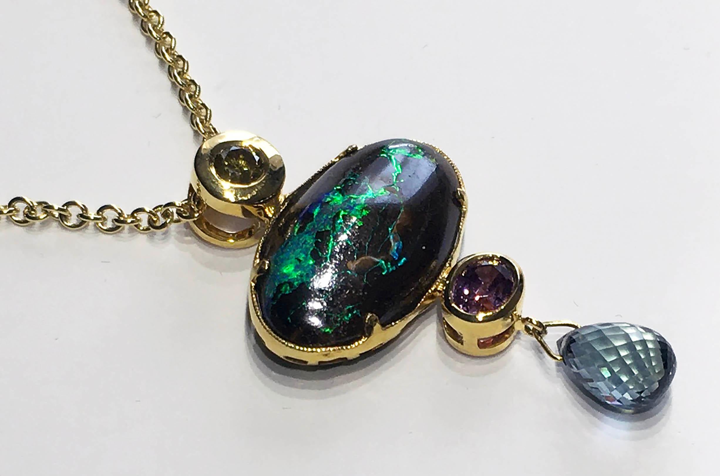 Cabochon 18kt Gold Pendant with Yellow Diamond, Boulder Opal & Pink & Teal Sapphires For Sale