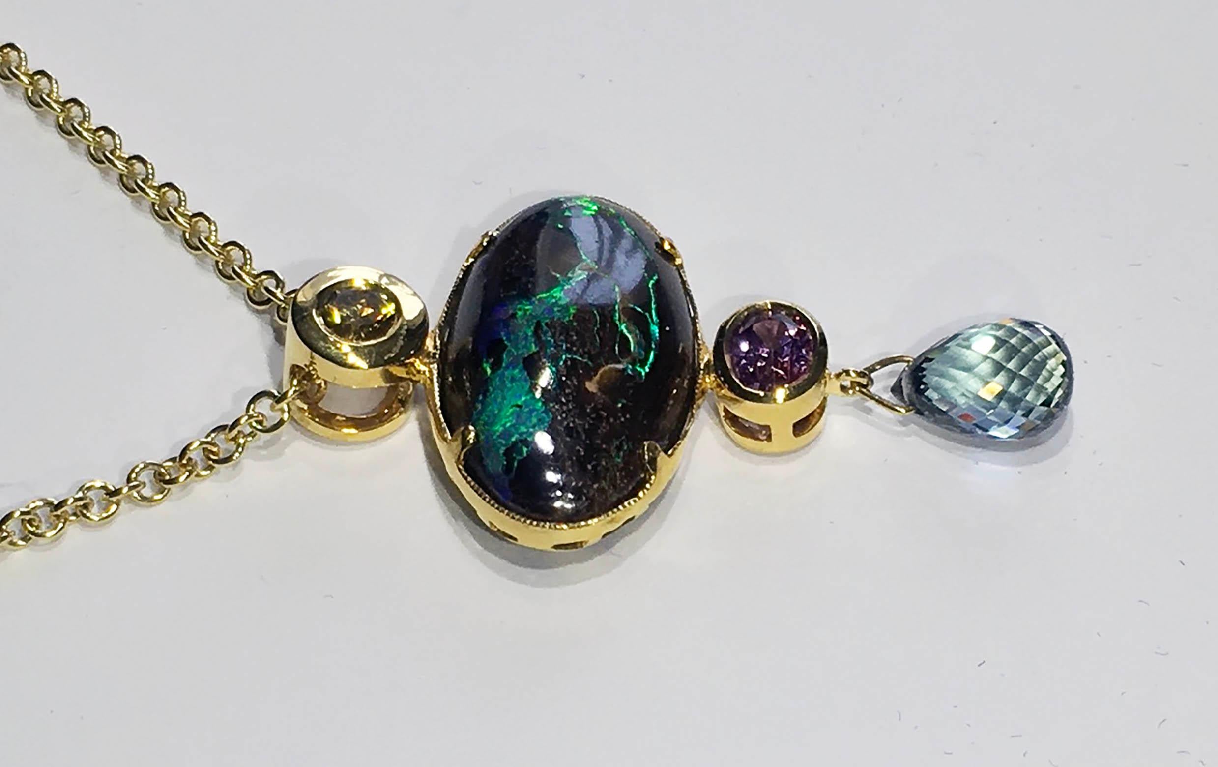 18kt Gold Pendant with Yellow Diamond, Boulder Opal & Pink & Teal Sapphires In New Condition For Sale In Coupeville, WA
