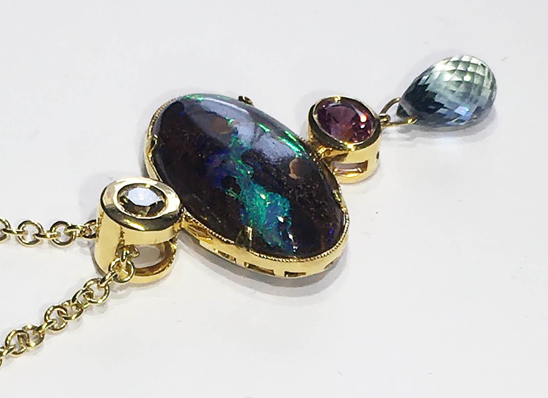 Women's or Men's 18kt Gold Pendant with Yellow Diamond, Boulder Opal & Pink & Teal Sapphires For Sale