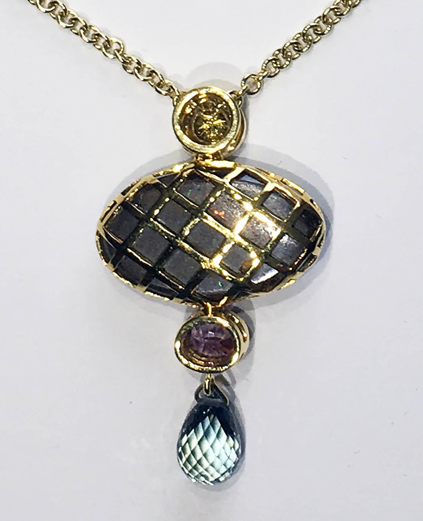 18kt Gold Pendant with Yellow Diamond, Boulder Opal & Pink & Teal Sapphires For Sale 1