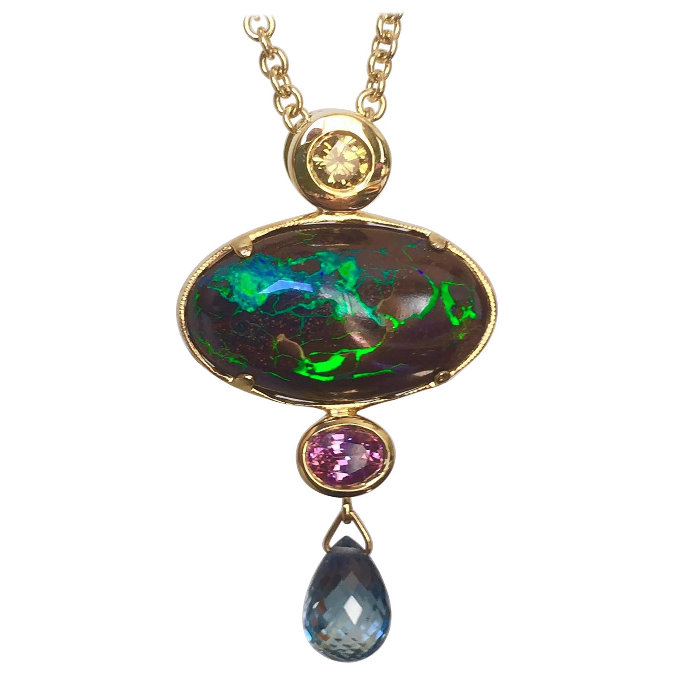 18kt Gold Pendant with Yellow Diamond, Boulder Opal 
Pink 
Teal Sapphires For Sale
