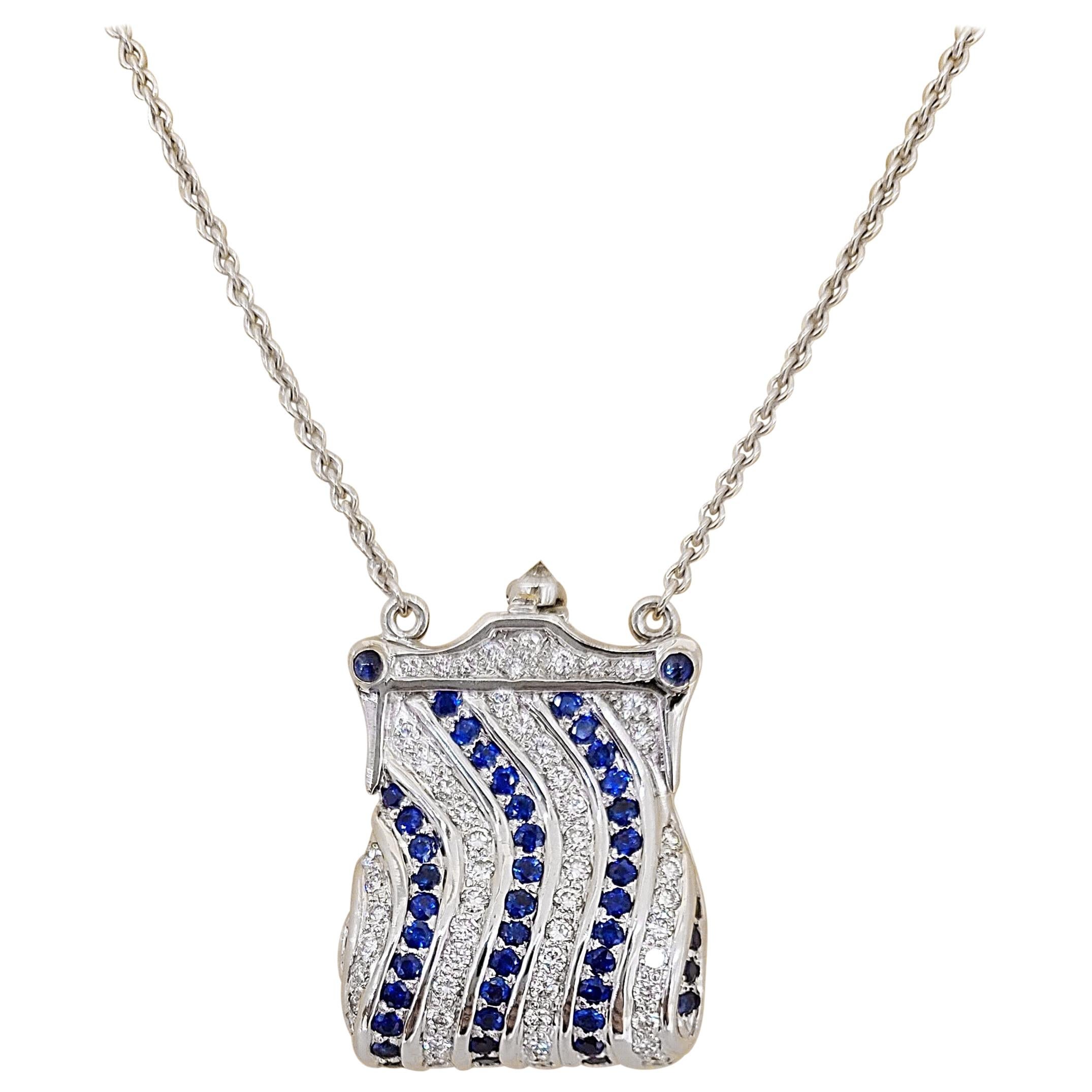 18KT Gold Petite Purse Necklace with 1.50 Carat Diamonds & 1.50 Carat Sapphires For Sale