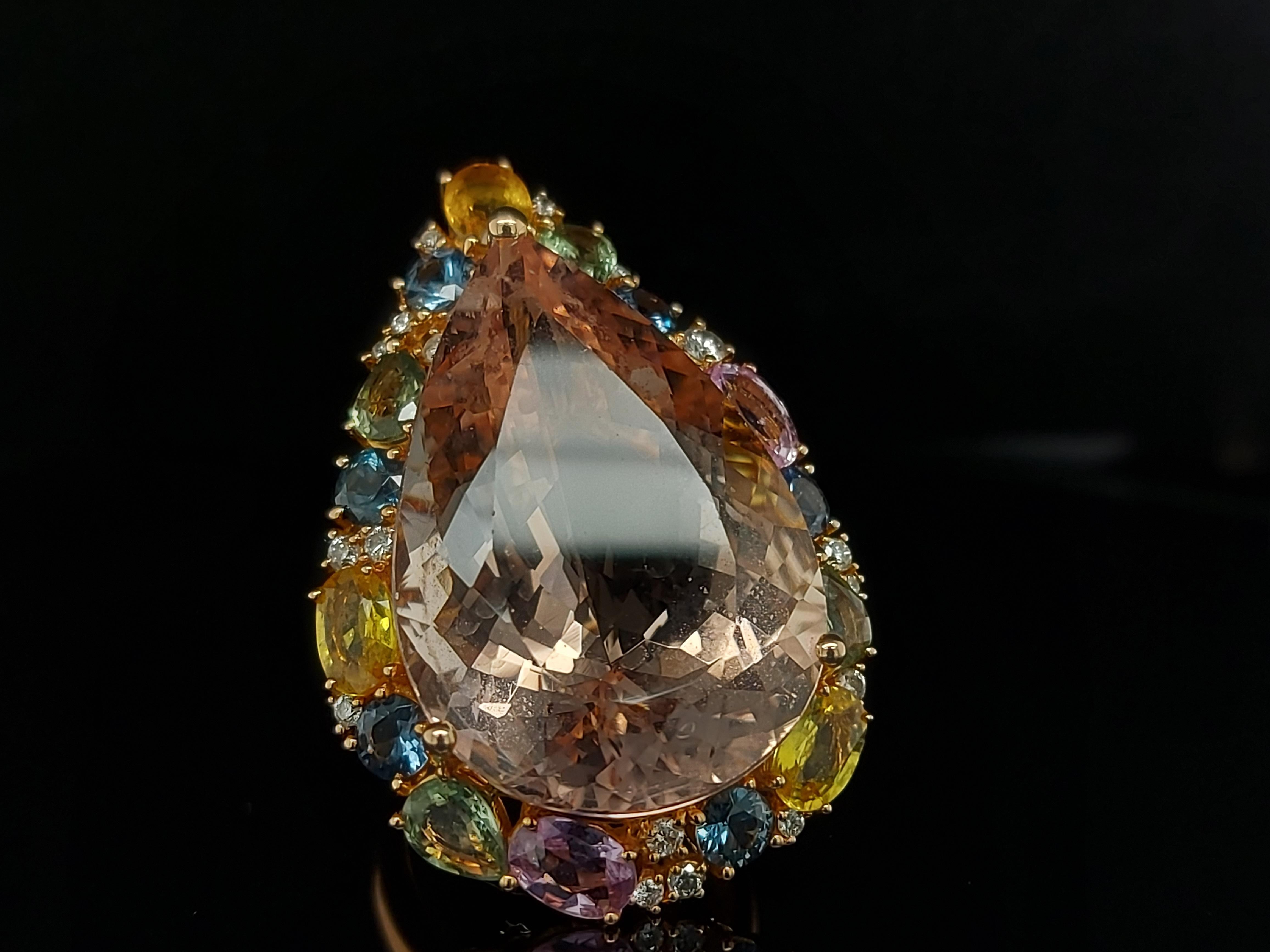 18kt Gold Pink Ring with 27.40ct Huge Pear Shape Morganite & Multi Color Stones For Sale 3