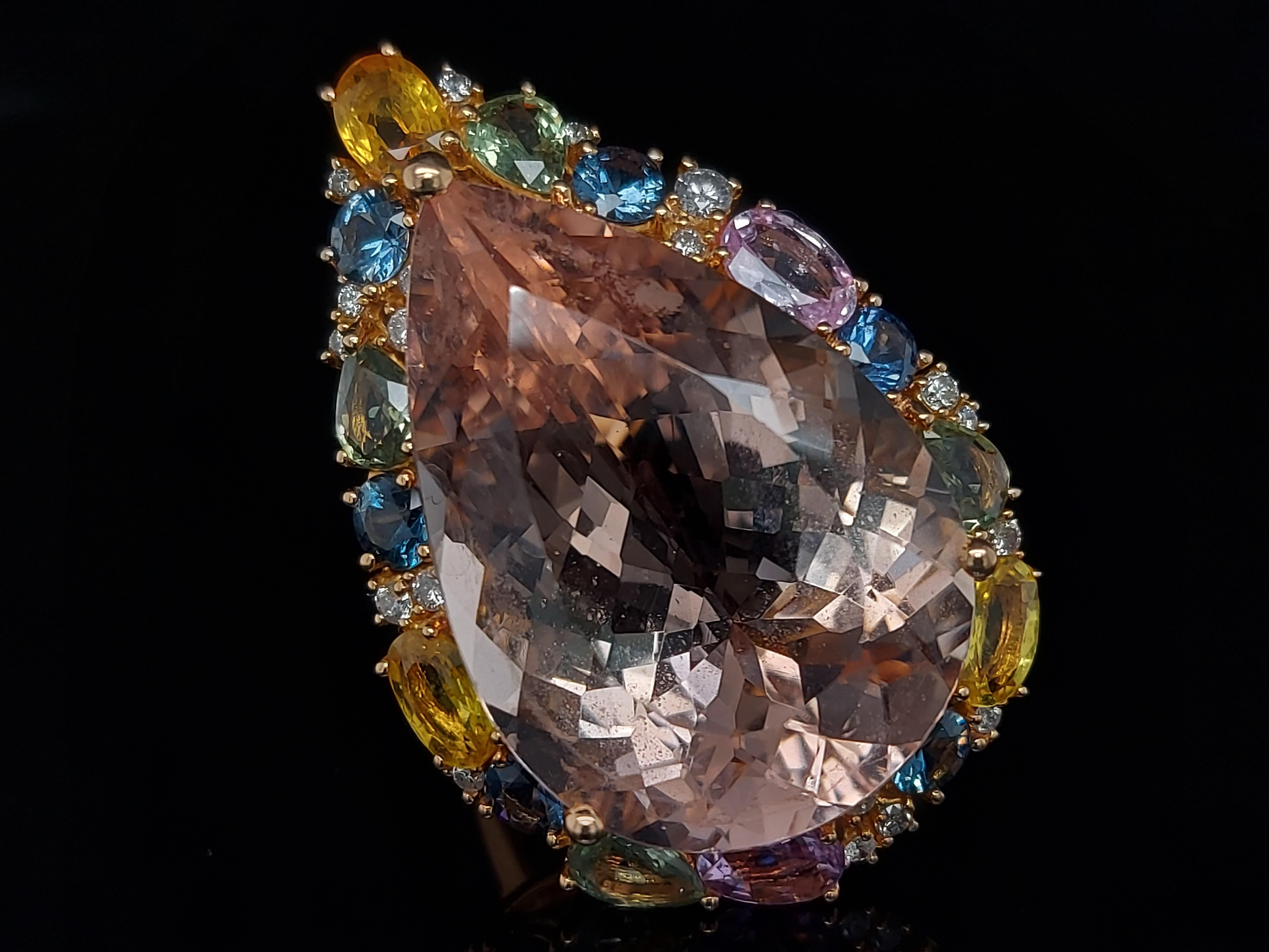 18kt Gold Pink Ring with 27.40ct Huge Pear Shape Morganite & Multi Color Stones For Sale 4