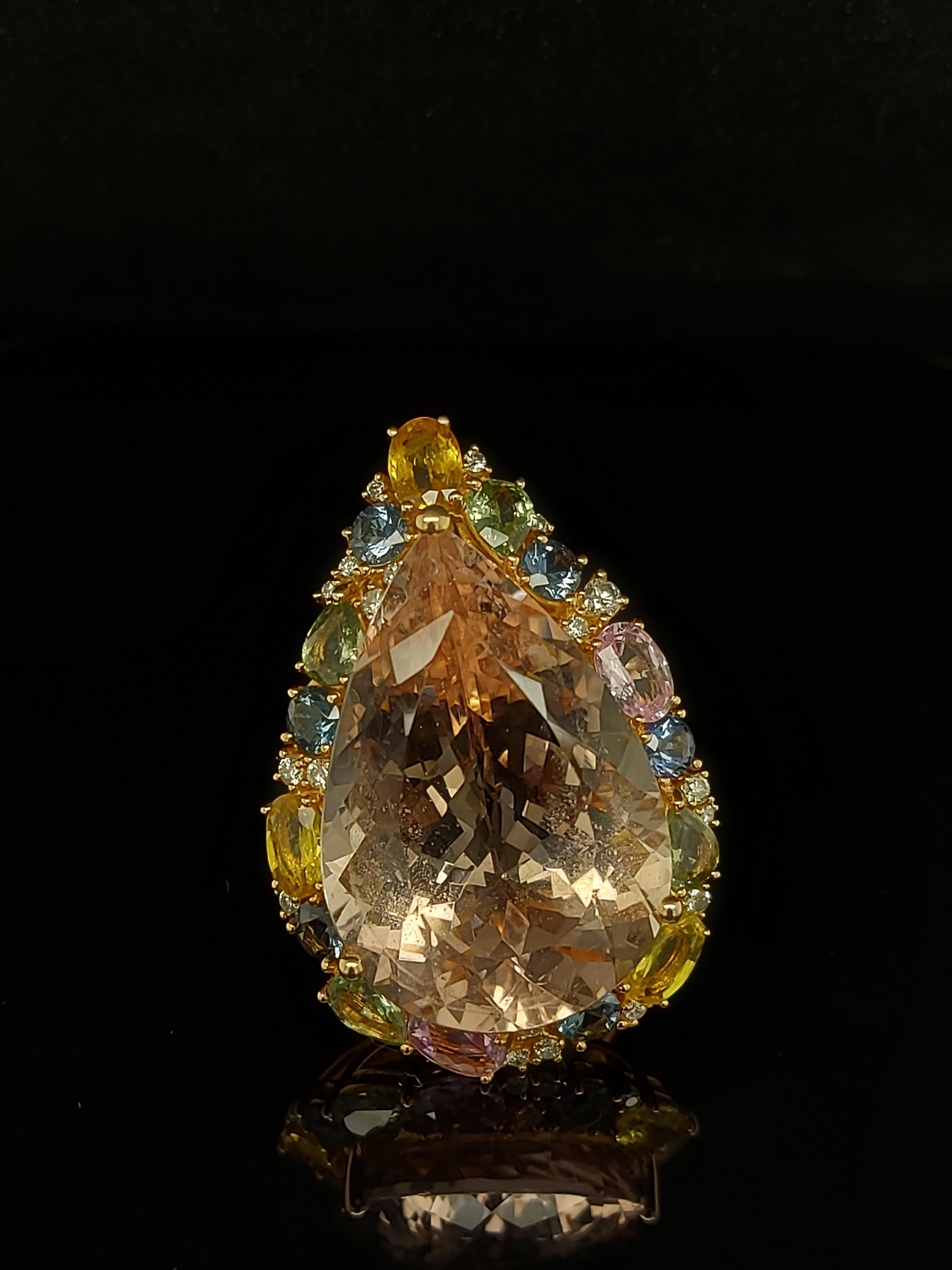18kt Gold Pink Ring with 27.40ct Huge Pear Shape Morganite & Multi Color Stones For Sale 5