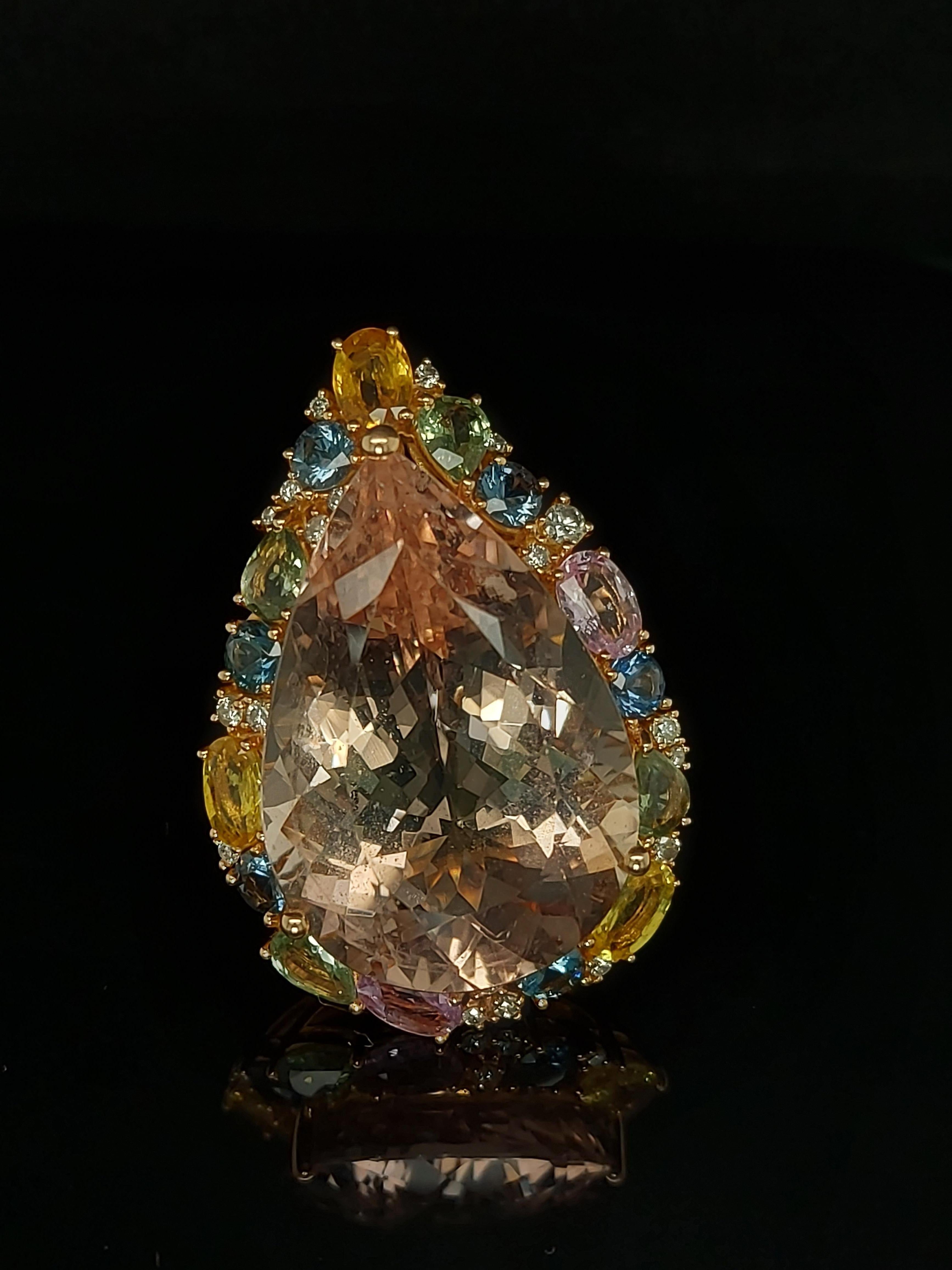 18kt Gold Pink Ring with 27.40ct Huge Pear Shape Morganite & Multi Color Stones For Sale 6