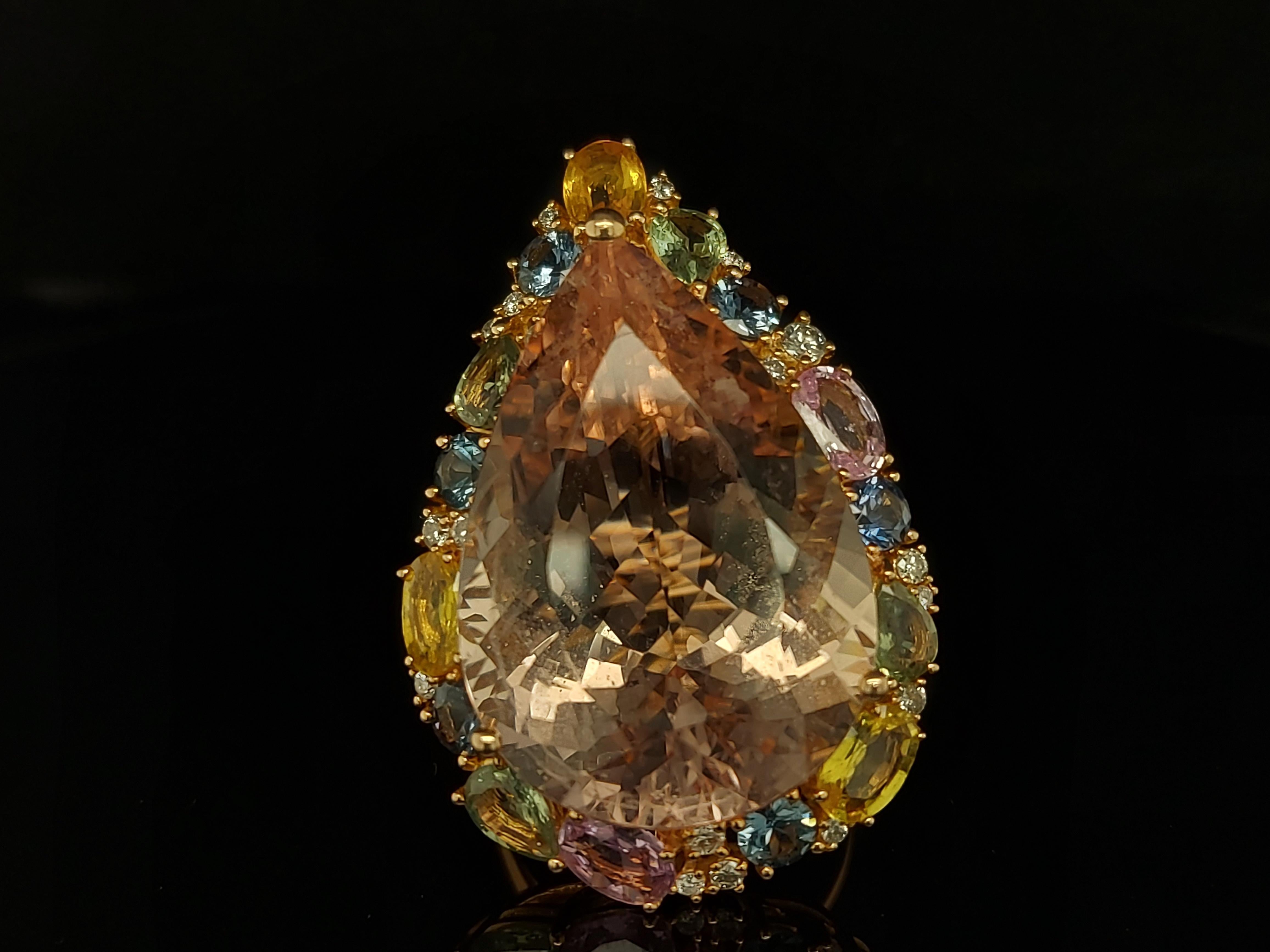 18kt Gold Pink Ring with 27.40ct Huge Pear Shape Morganite & Multi Color Stones For Sale 7