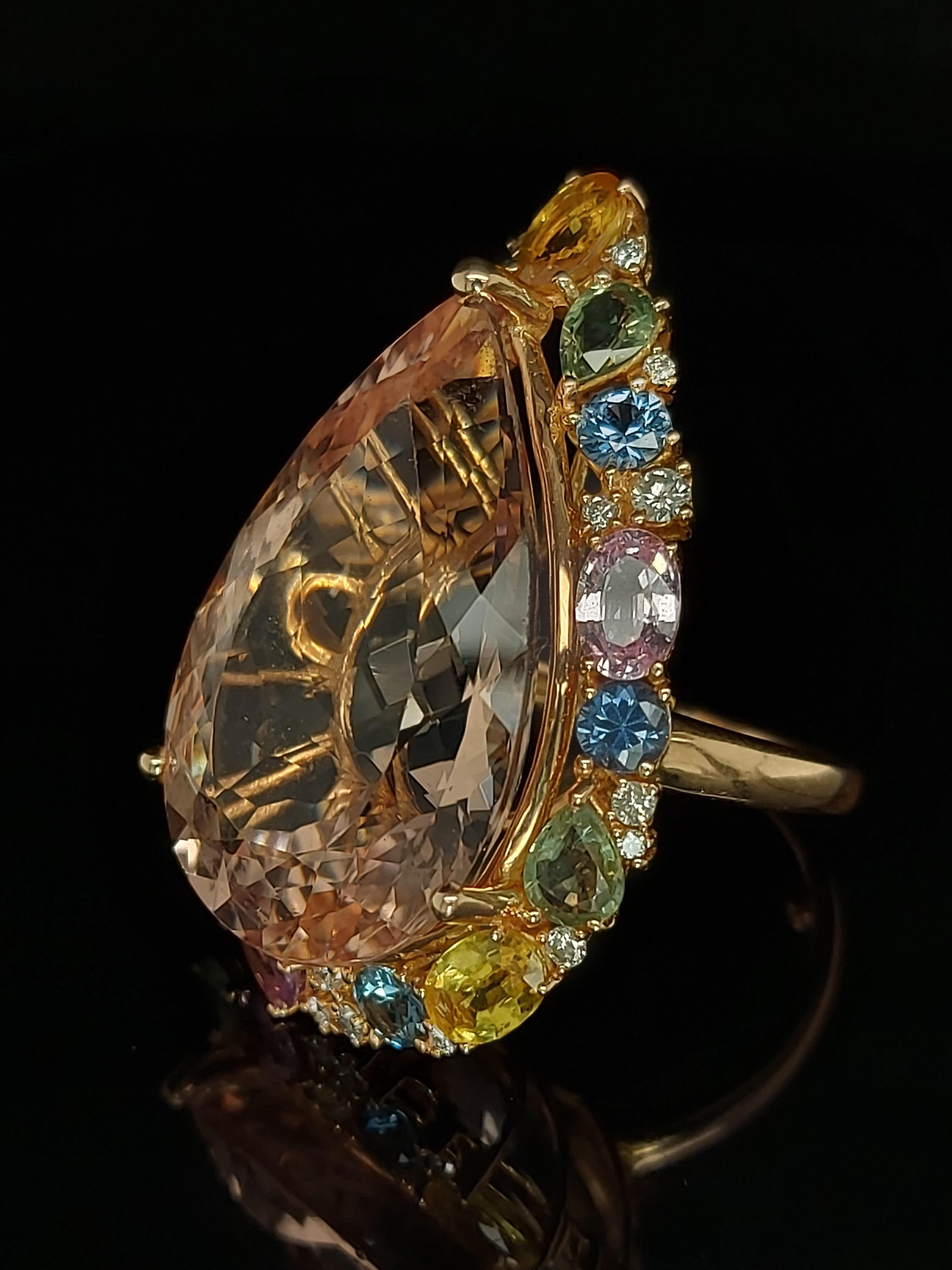 18kt Gold Pink Ring with 27.40ct Huge Pear Shape Morganite & Multi Color Stones For Sale 8