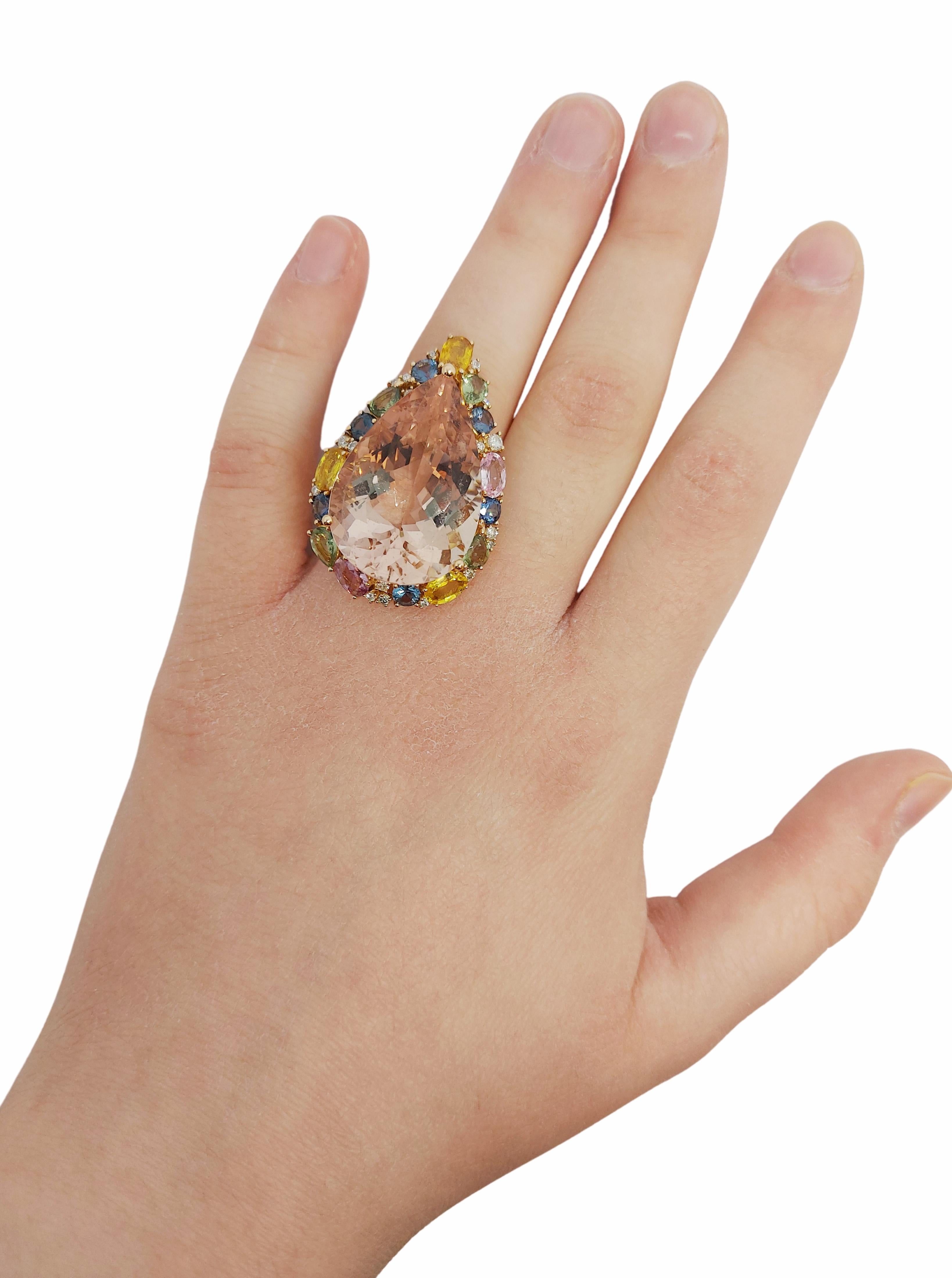 18kt Gold Pink Ring with 27.40ct Huge Pear Shape Morganite & Multi Color Stones For Sale 11