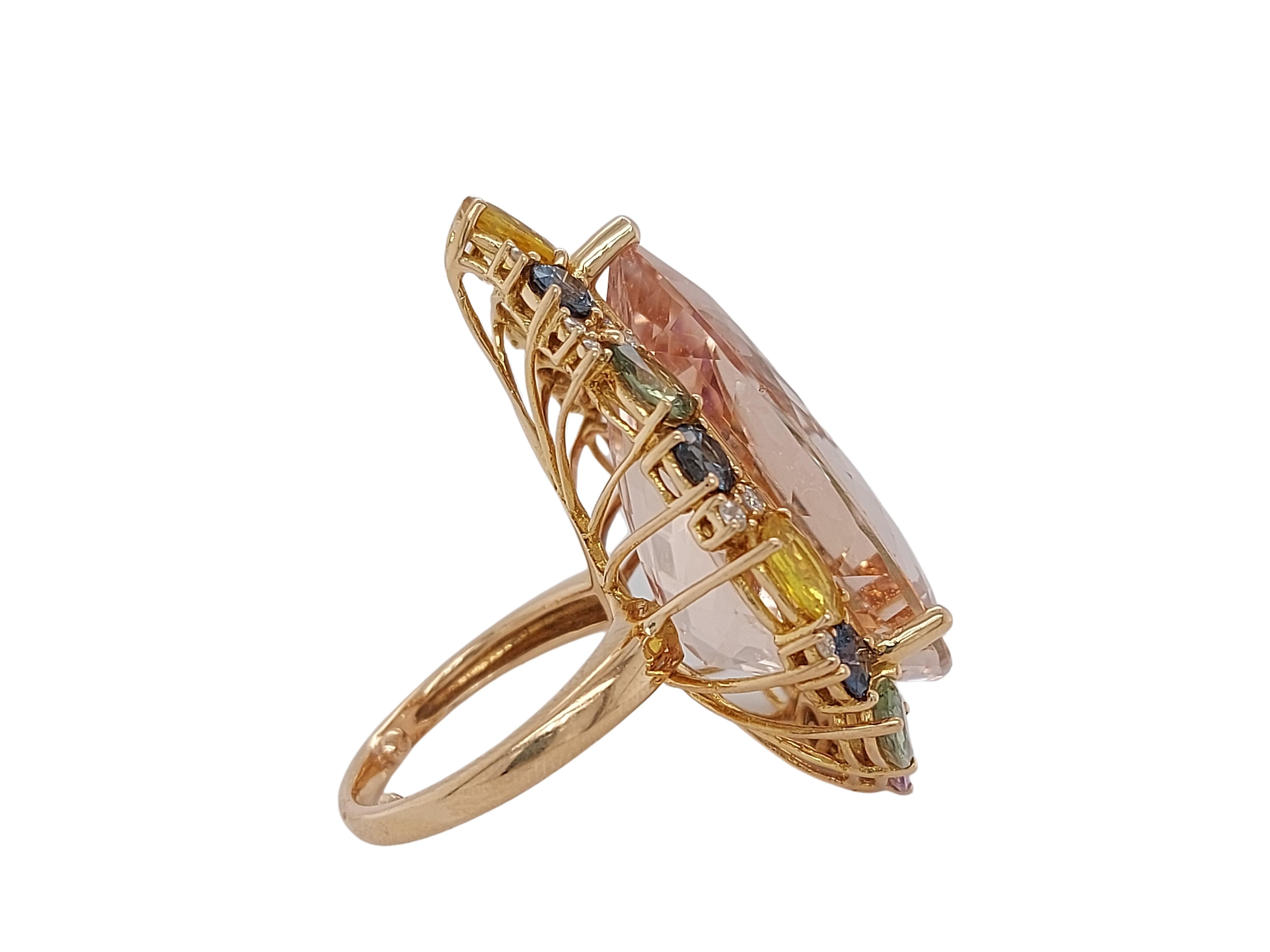 Artisan 18kt Gold Pink Ring with 27.40ct Huge Pear Shape Morganite & Multi Color Stones For Sale