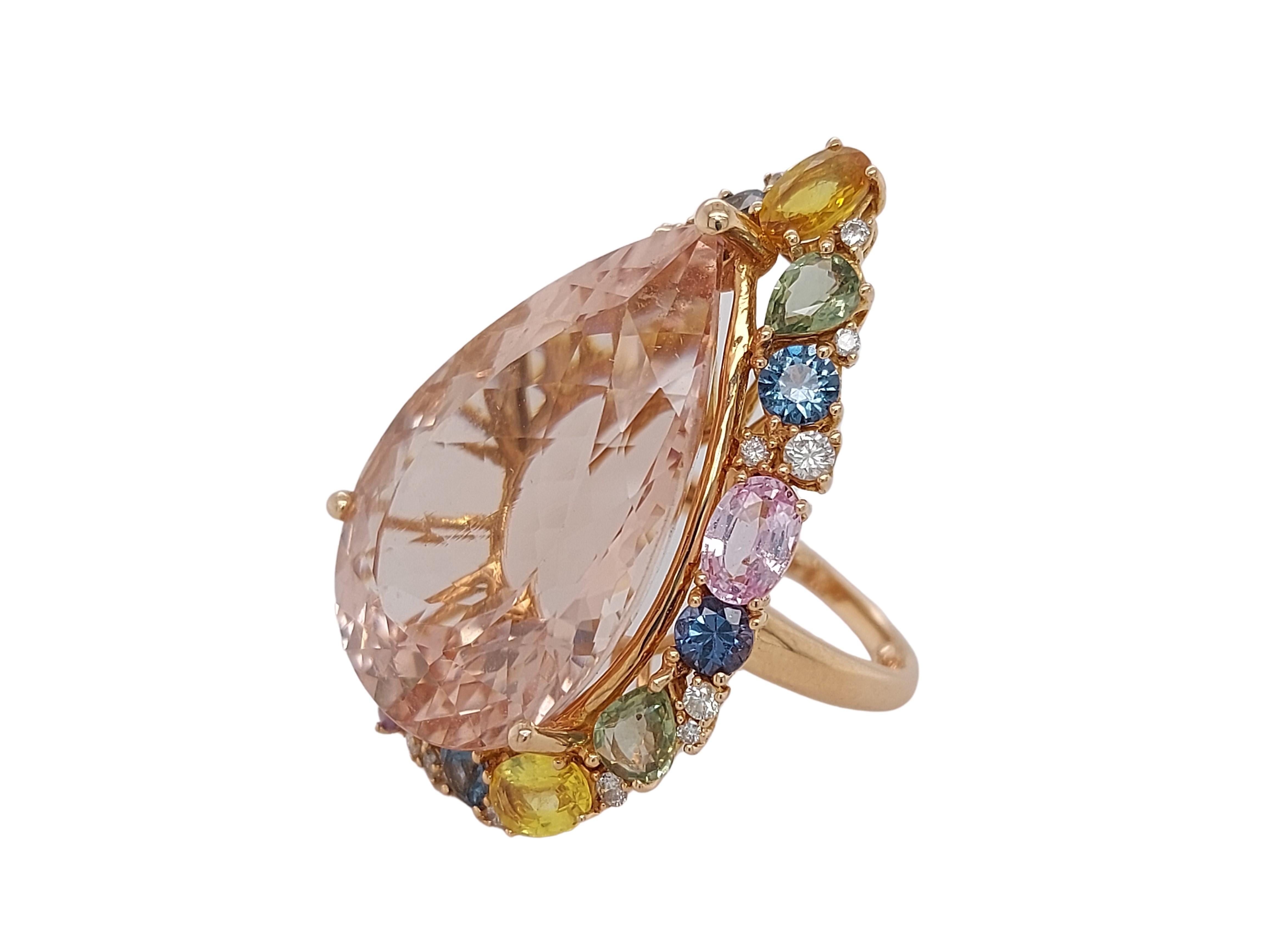 Pear Cut 18kt Gold Pink Ring with 27.40ct Huge Pear Shape Morganite & Multi Color Stones For Sale
