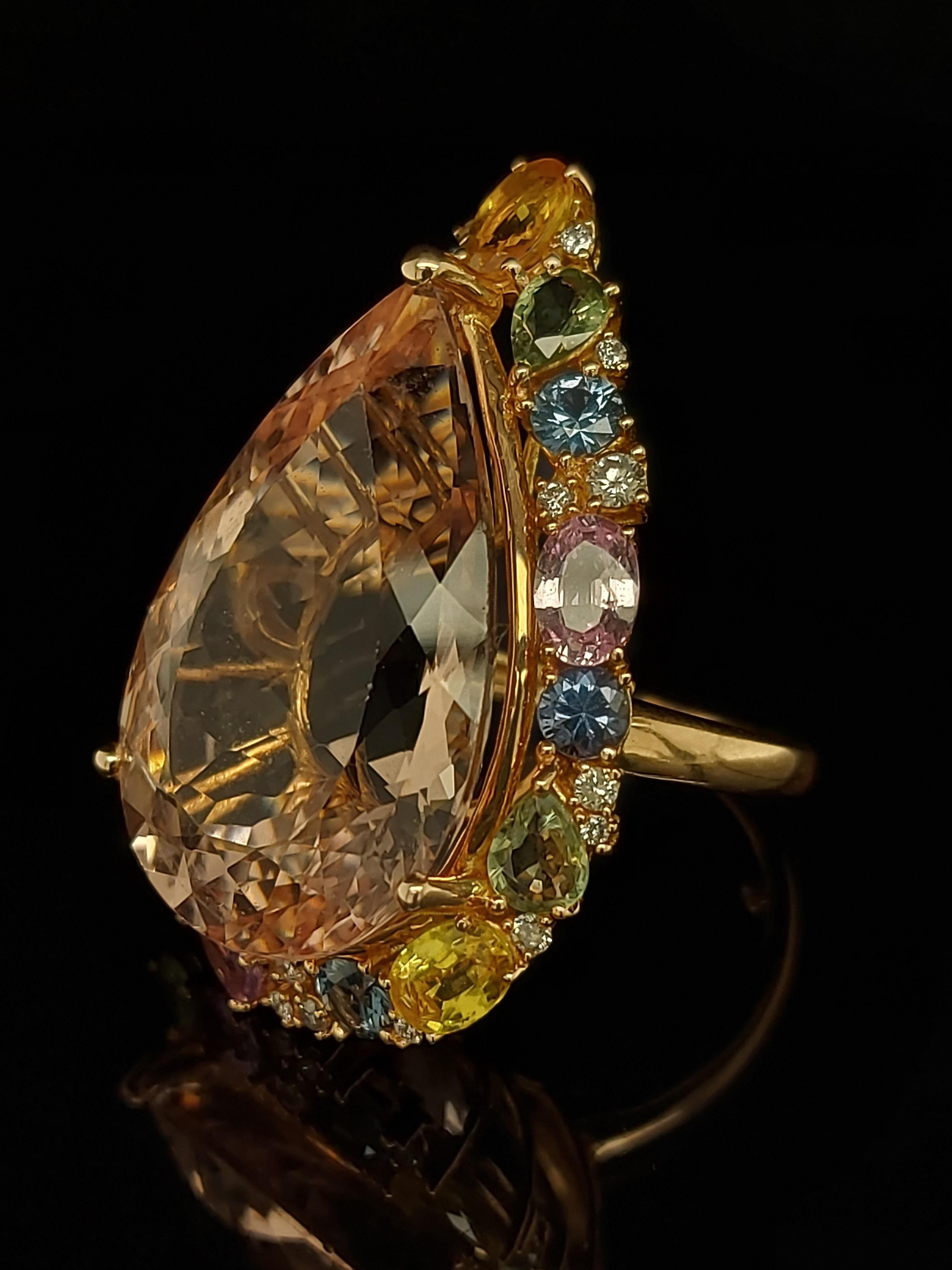 18kt Gold Pink Ring with 27.40ct Huge Pear Shape Morganite & Multi Color Stones For Sale 1