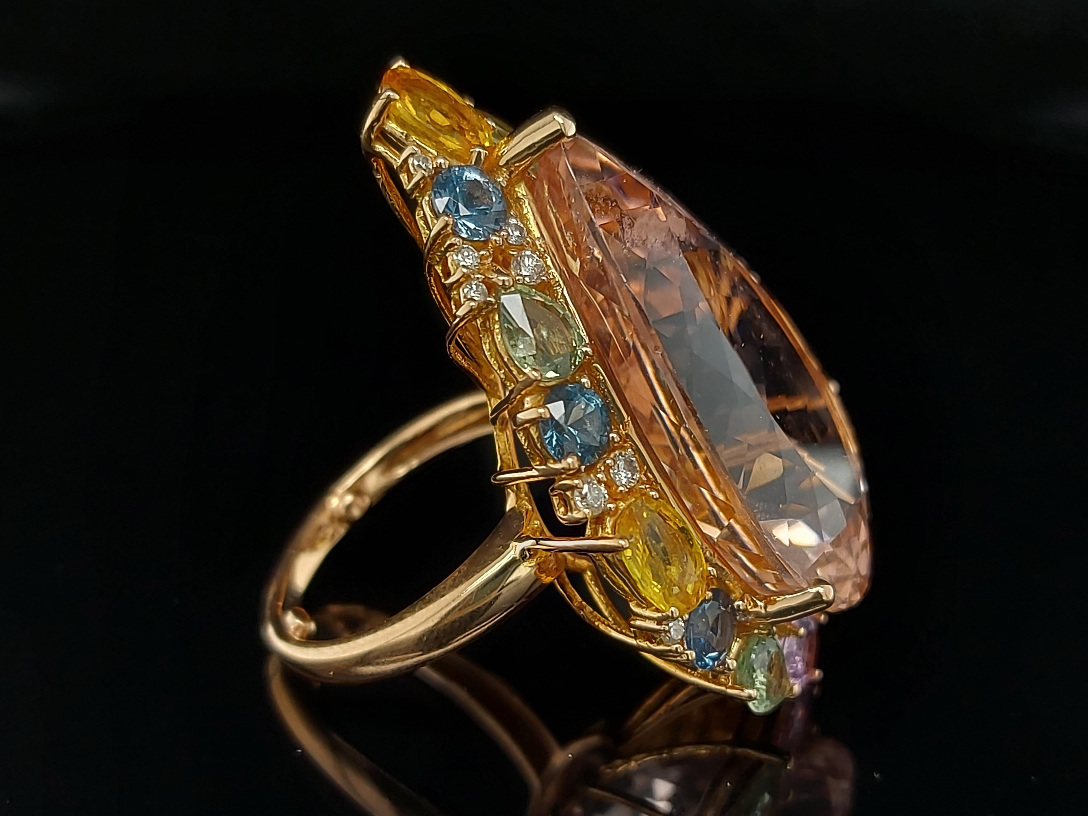 18kt Gold Pink Ring with 27.40ct Huge Pear Shape Morganite & Multi Color Stones For Sale 2