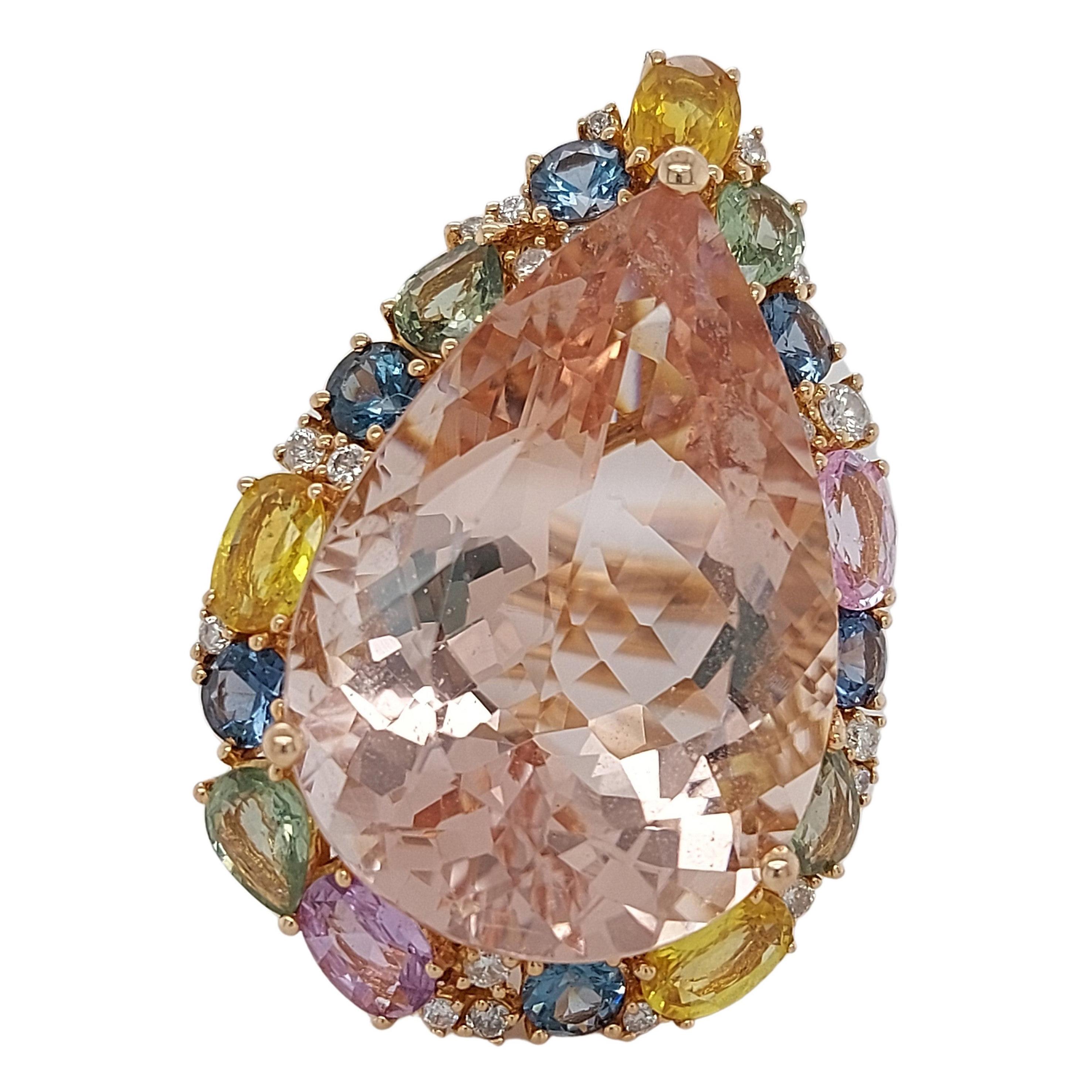 18kt Gold Pink Ring with 27.40ct Huge Pear Shape Morganite & Multi Color Stones For Sale