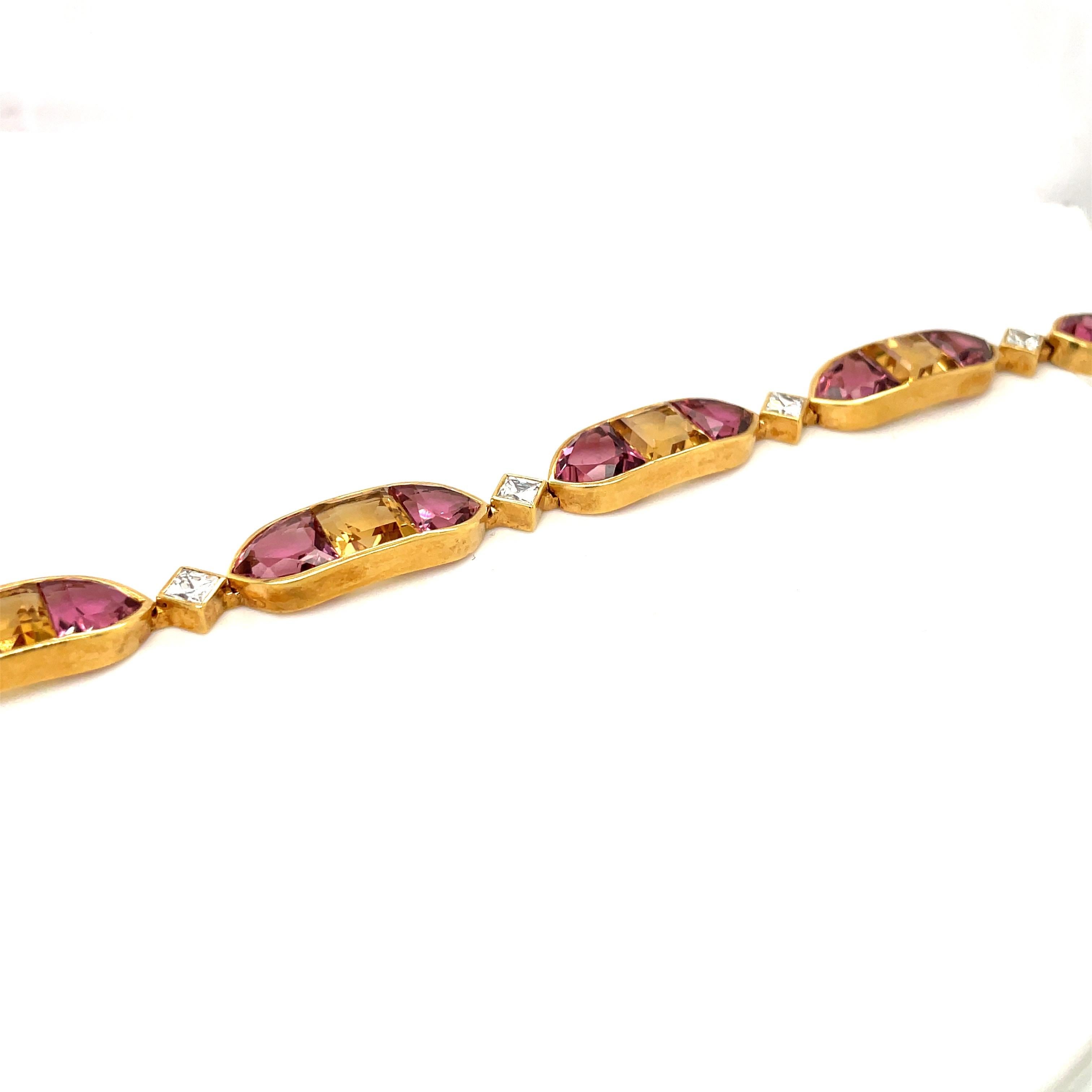 Modern 18KT Gold Pink Tourmaline and Citrine Link Bracelet with Diamond Connectors For Sale