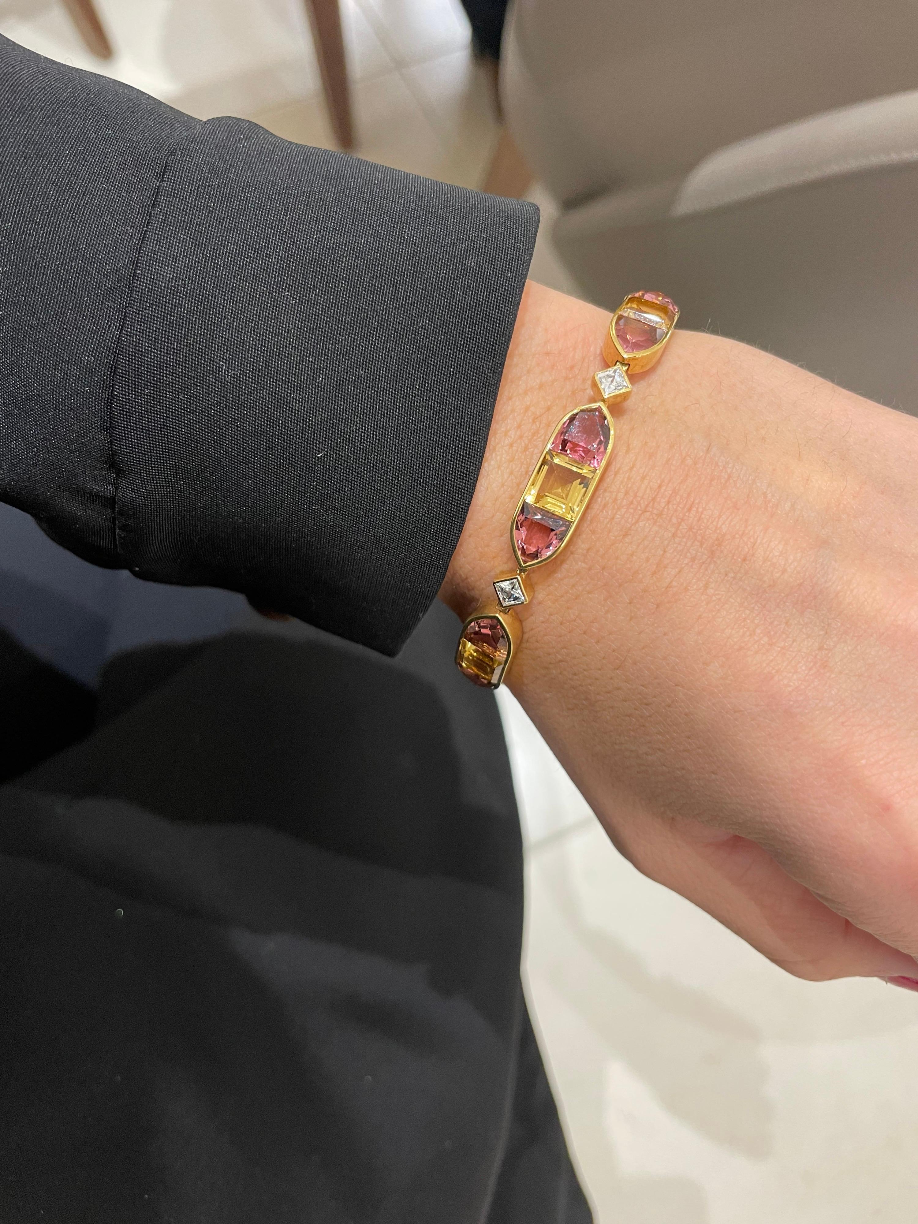 French Cut 18KT Gold Pink Tourmaline and Citrine Link Bracelet with Diamond Connectors For Sale