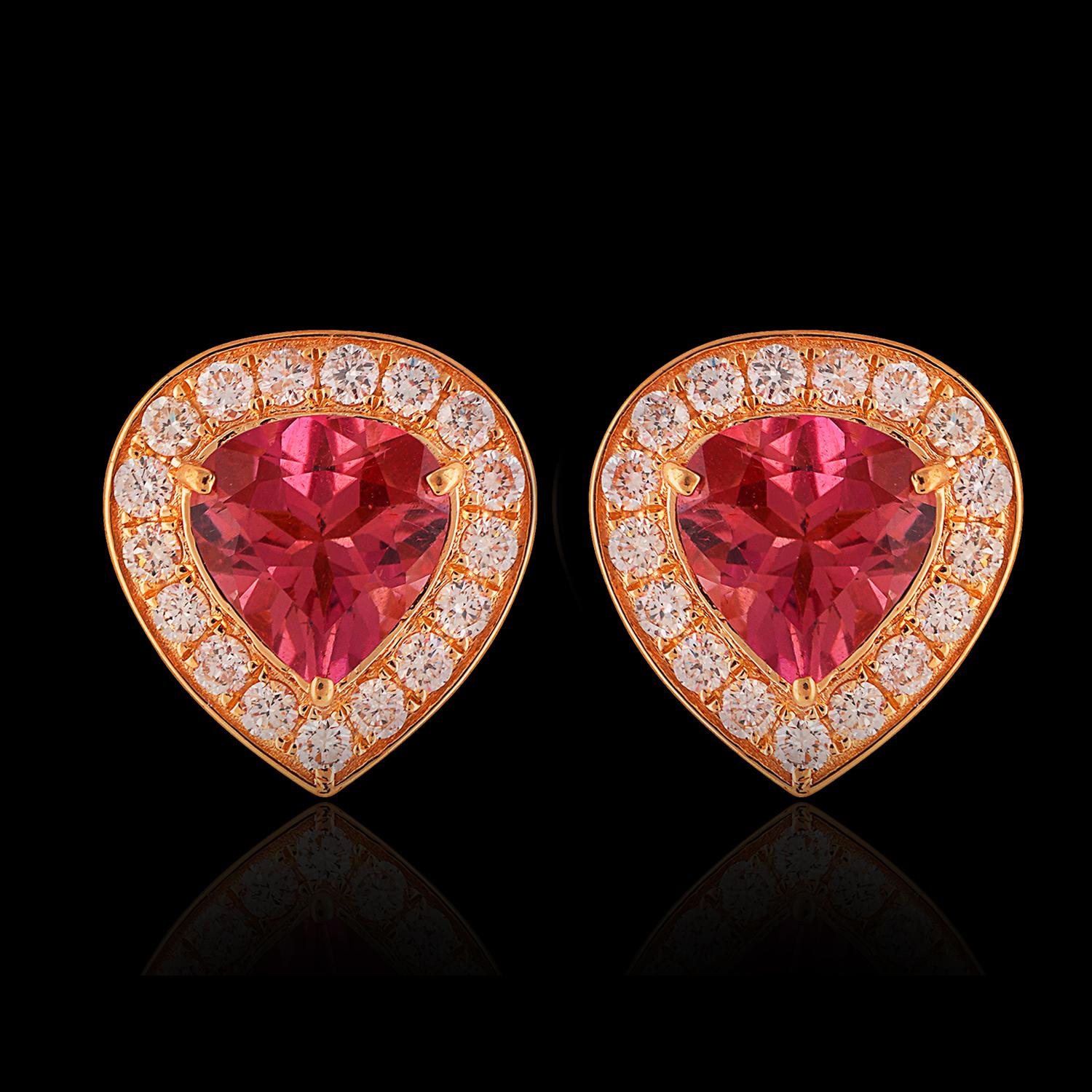 Art Nouveau 18kt Gold Pink Tourmaline & Diamond Stud Earrings For Sale