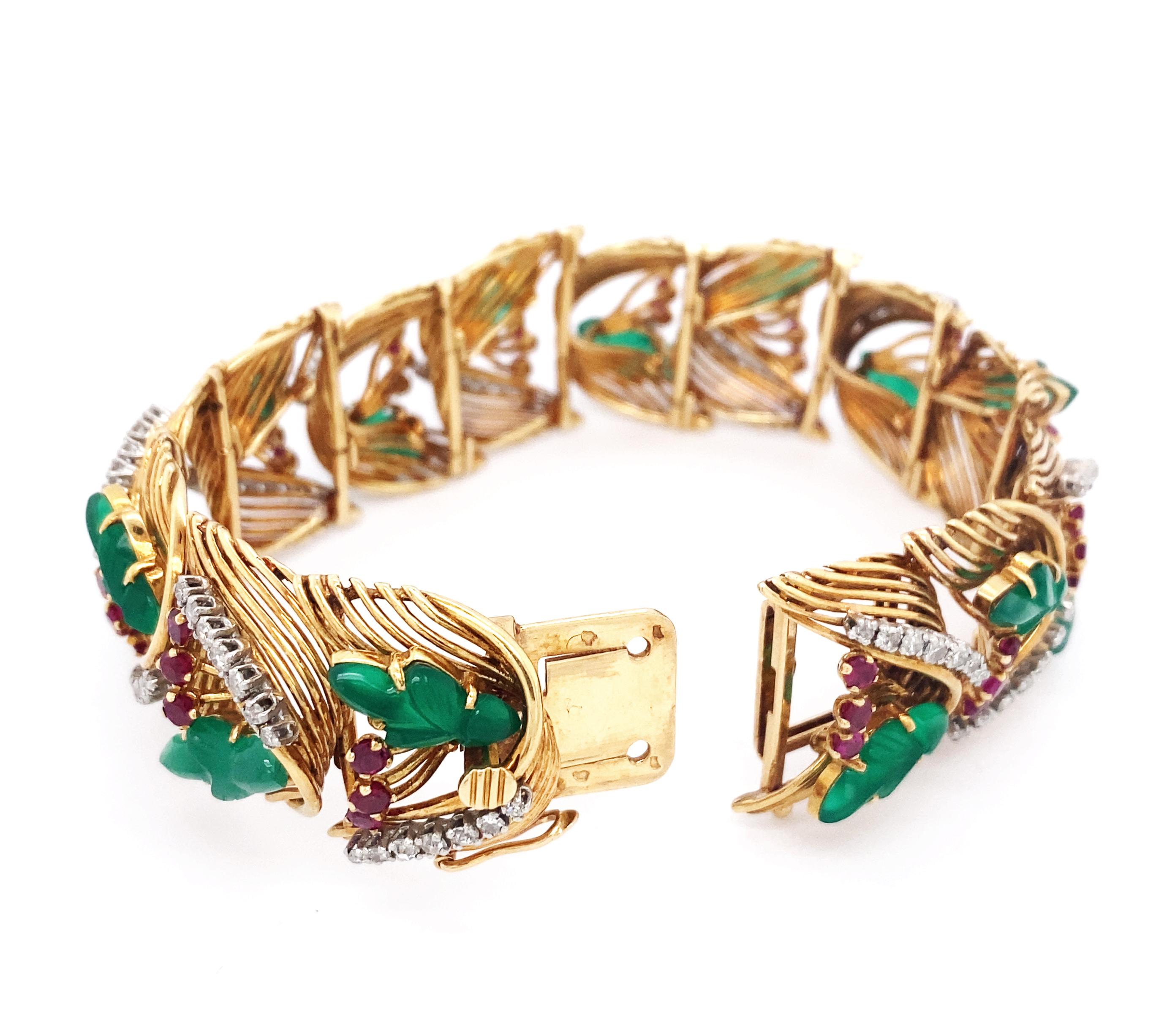 Single Cut 18kt Gold, Platinum, Carved Green Onyx, Diamond and Ruby Bracelet For Sale