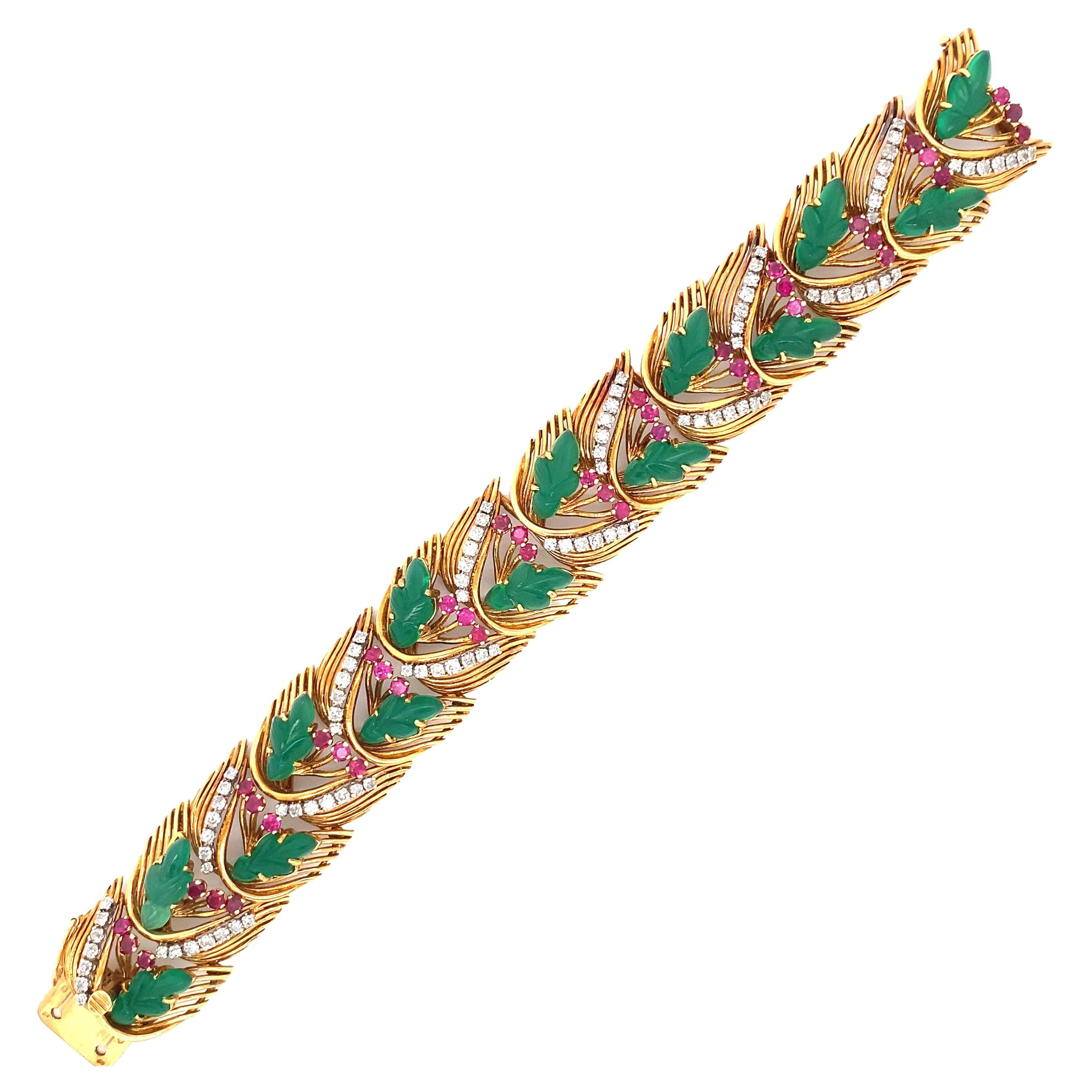 18kt Gold, Platinum, Carved Green Onyx, Diamond and Ruby Bracelet