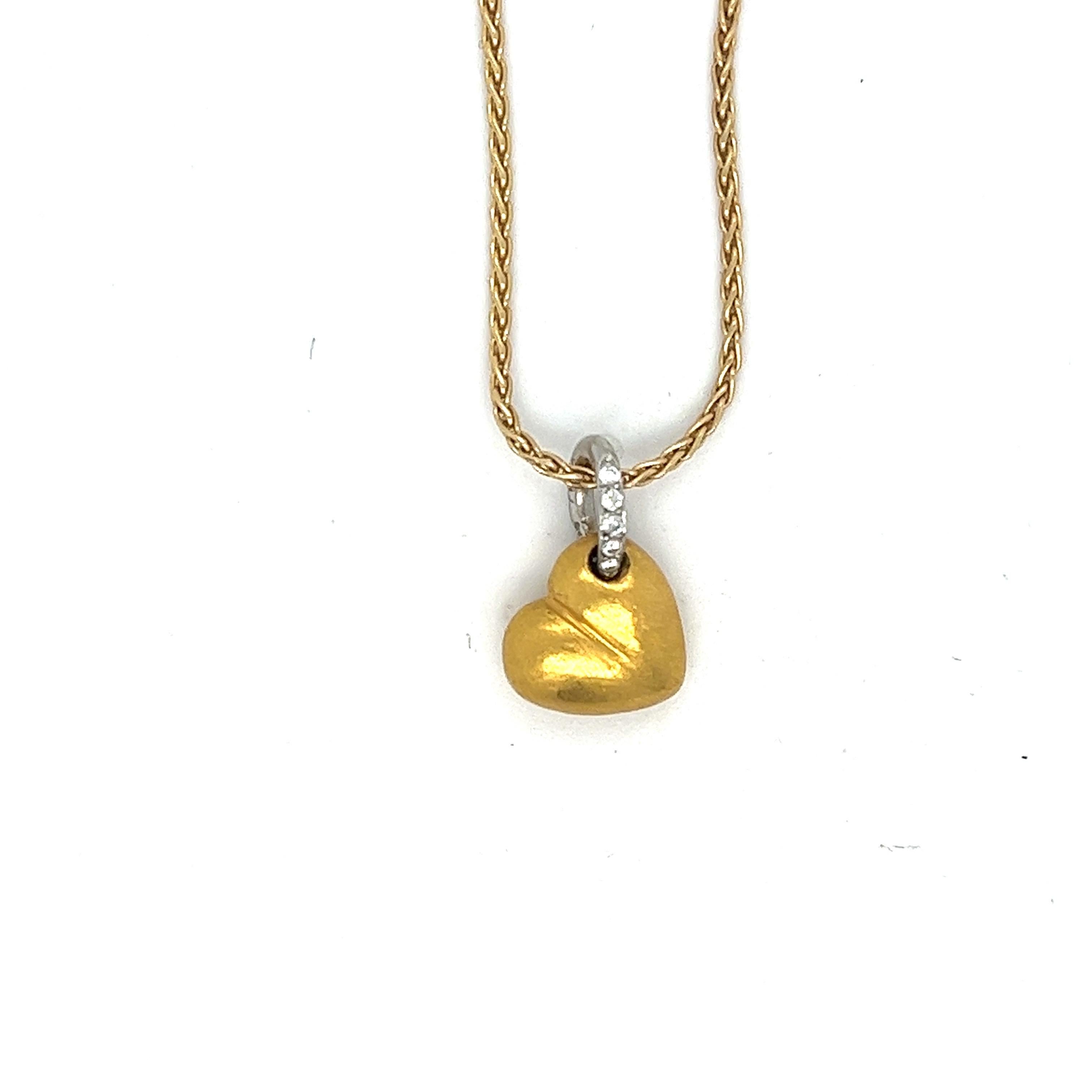 Contemporary 18kt Gold & Platinum Diamond Solid Heart Pendant on Wheat Chain, Italy