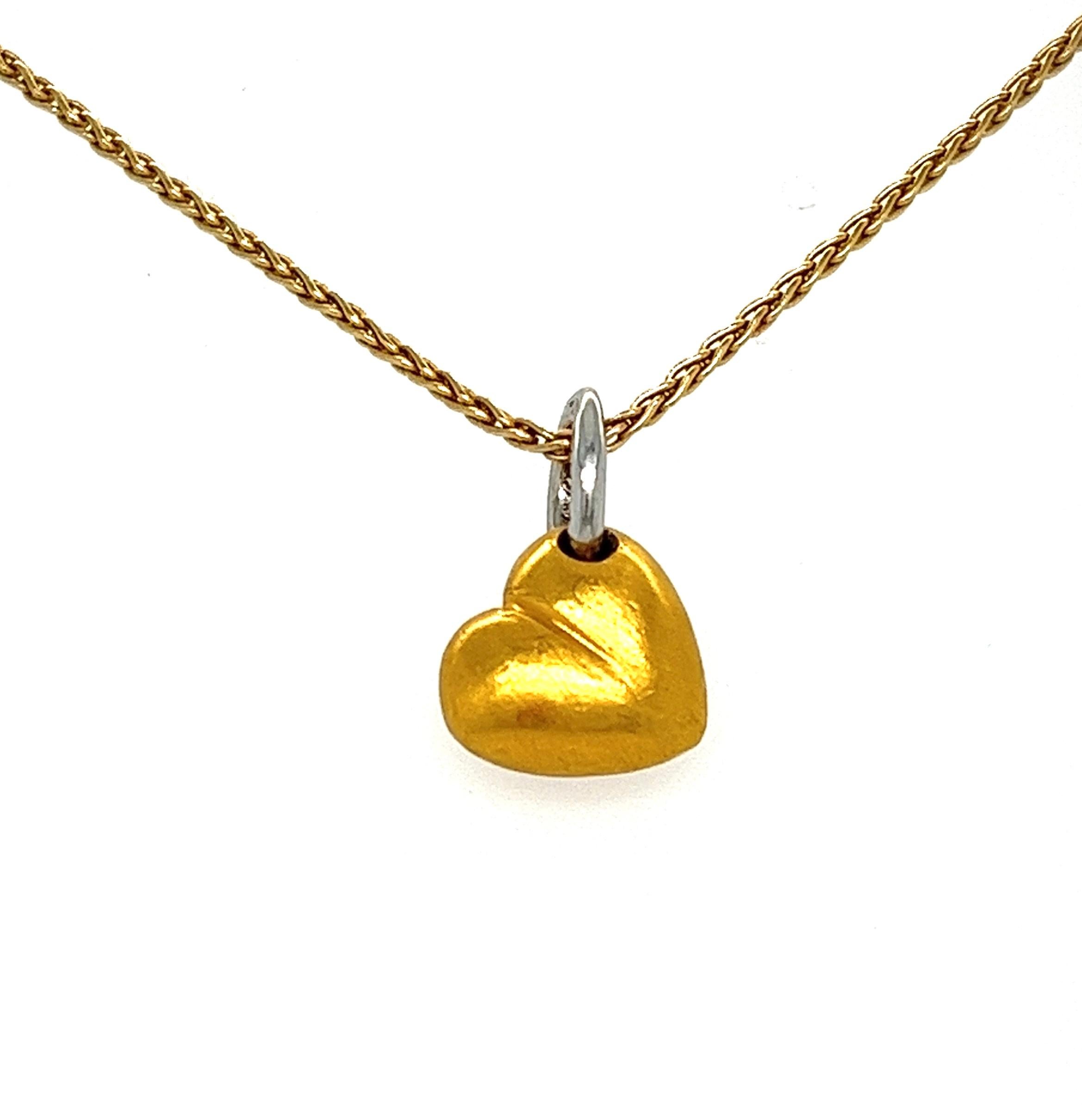 Women's or Men's 18kt Gold & Platinum Diamond Solid Heart Pendant on Wheat Chain, Italy