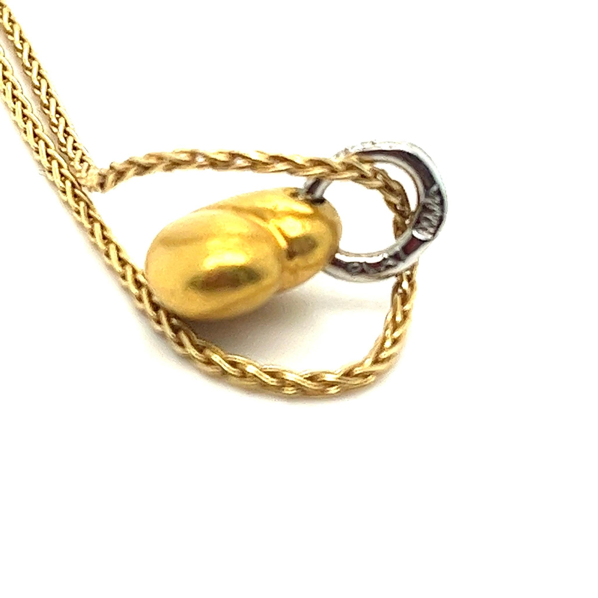 18kt Gold & Platinum Diamond Solid Heart Pendant on Wheat Chain, Italy 1