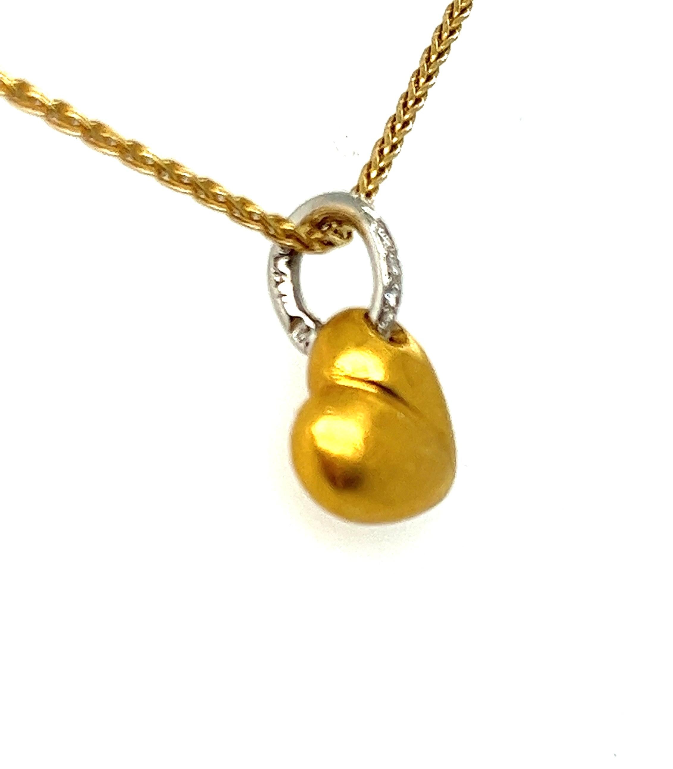 18kt Gold & Platinum Diamond Solid Heart Pendant on Wheat Chain, Italy 2