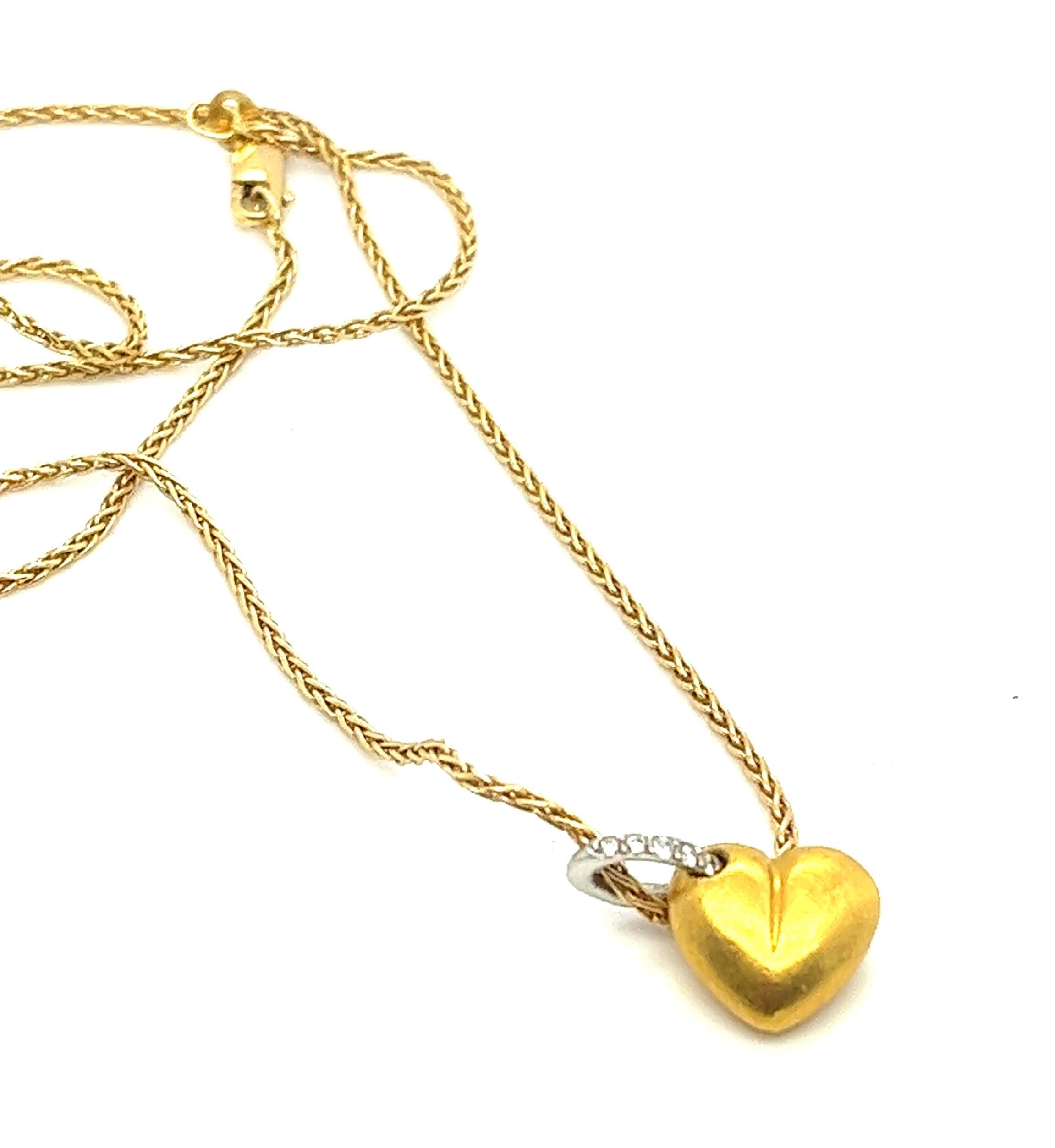 18kt Gold & Platinum Diamond Solid Heart Pendant on Wheat Chain, Italy 3