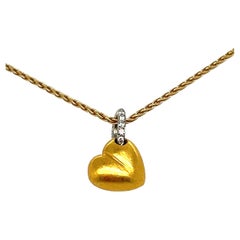 18kt Gold & Platinum Diamond Solid Heart Pendant on Wheat Chain, Italy