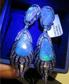 18KT Gold Rare Gorgeous Black Opal, Rose Cut Diamond and Blue Sapphire Earrings