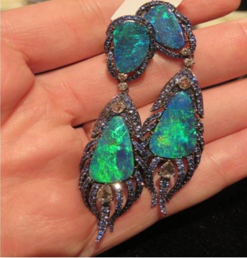18KT Gold Rare Gorgeous Black Opal, Rose Cut Diamond and Blue Sapphire Earrings For Sale 1