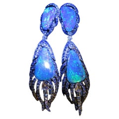 18KT Gold Rare Gorgeous Black Opal, Rose Cut Diamond and Blue Sapphire Earrings