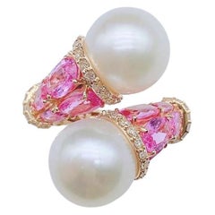 18KT Gold Rare Natural Pearl 6.50CT Pink Sapphire Diamond Crossover Ring