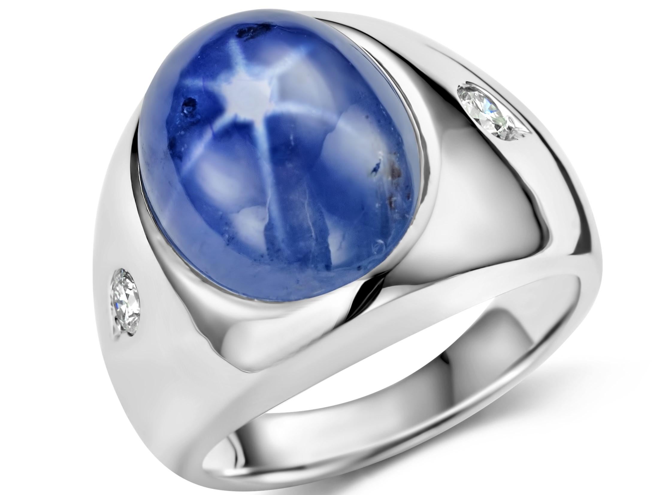 Magnificent 18kt White Gold Ring With 14.5ct Star Sapphire & Diamonds ,Estate Sultan Of Oman Qaboos Bin Said

Sapphire: Blue Cabochon, Natural No Heat Star Burma sapphire, 14.5 ct. No treatment. Comes with a GRS certificate GRS2022-117270

Diamond: