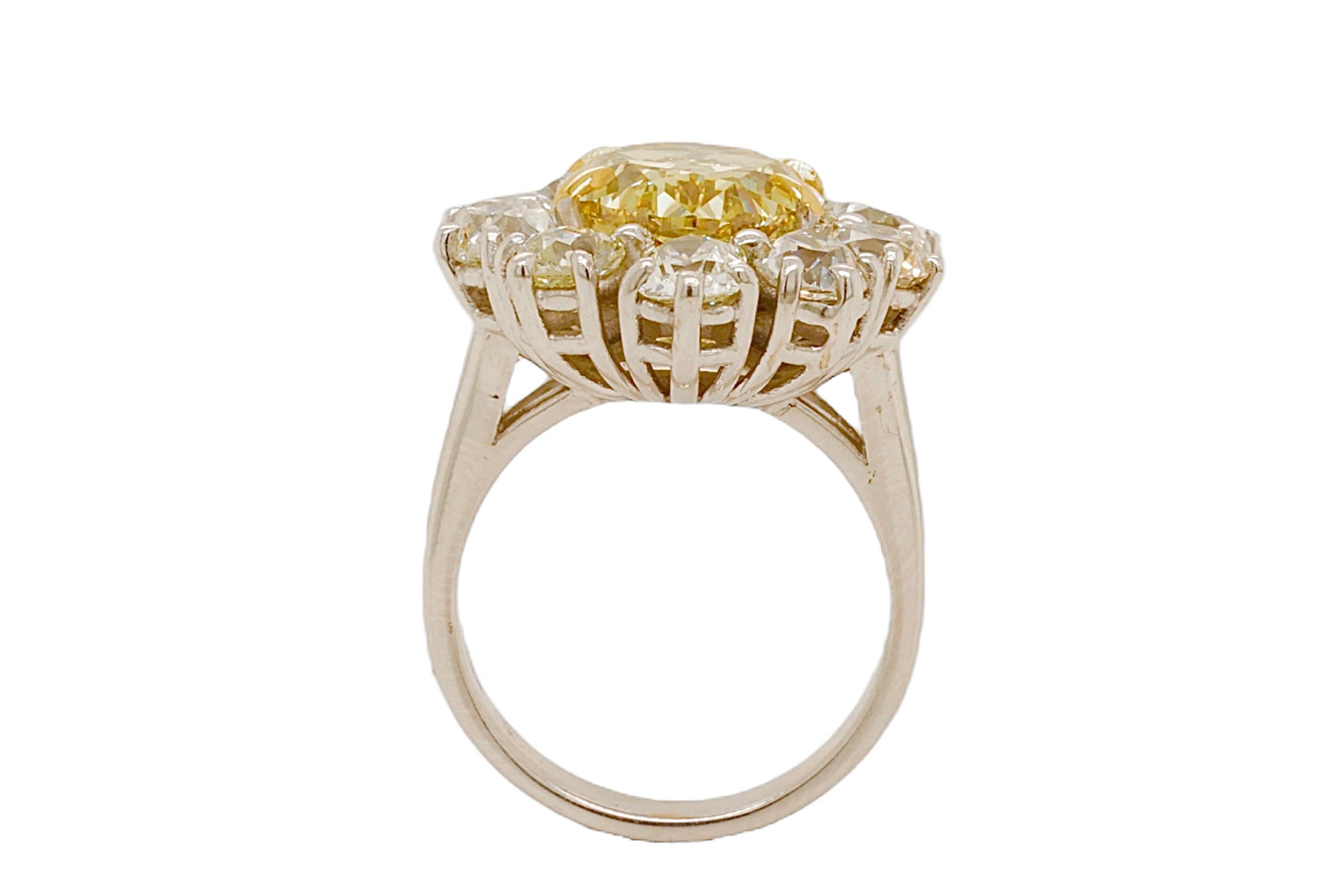 Oval Cut 18kt Gold Ring 7.17ct Natural Fancy Yellow Oval Diamond & 4.5ct White Diamonds For Sale