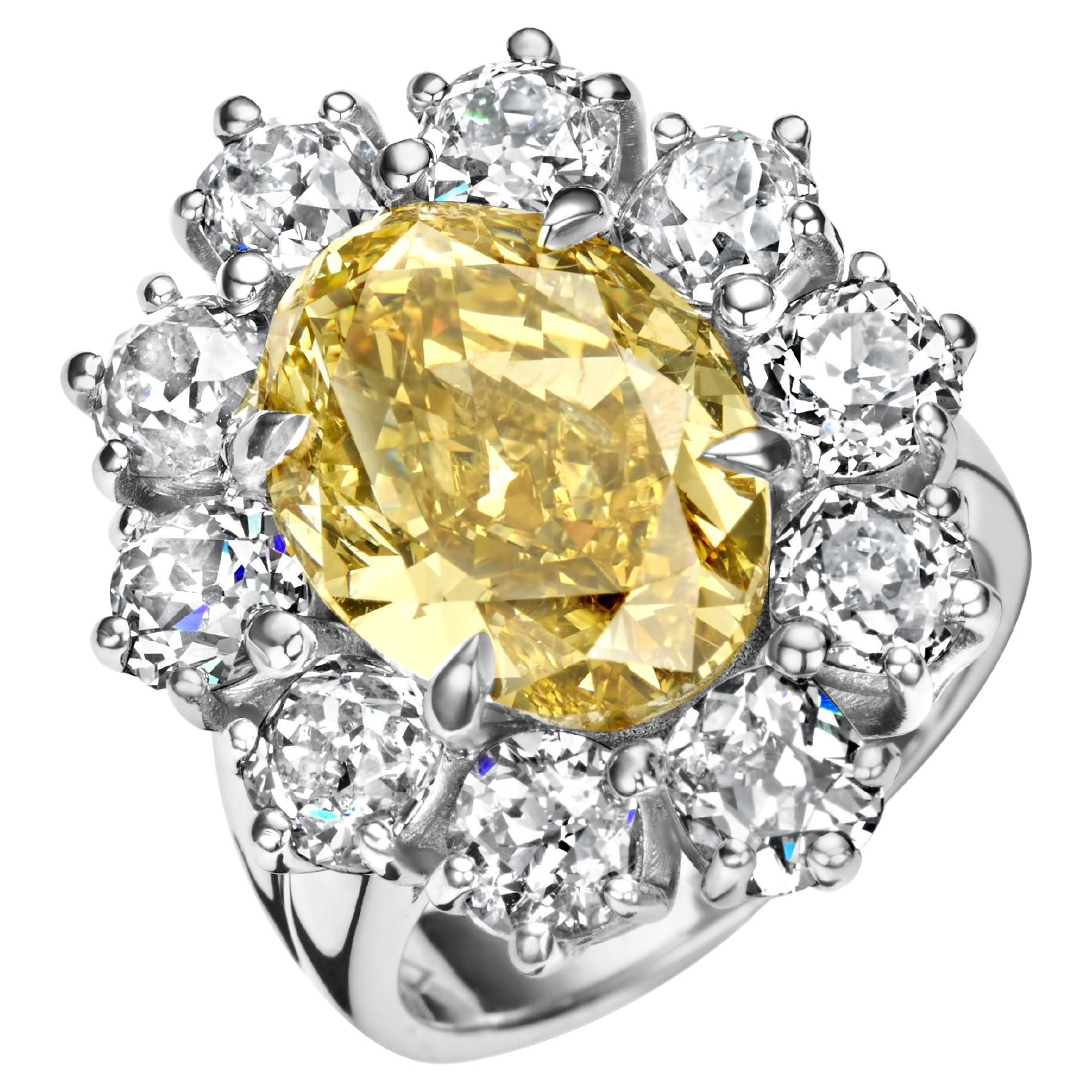 18kt Gold Ring 7.17ct Natural Fancy Yellow Oval Diamond & 4.5ct White Diamonds For Sale