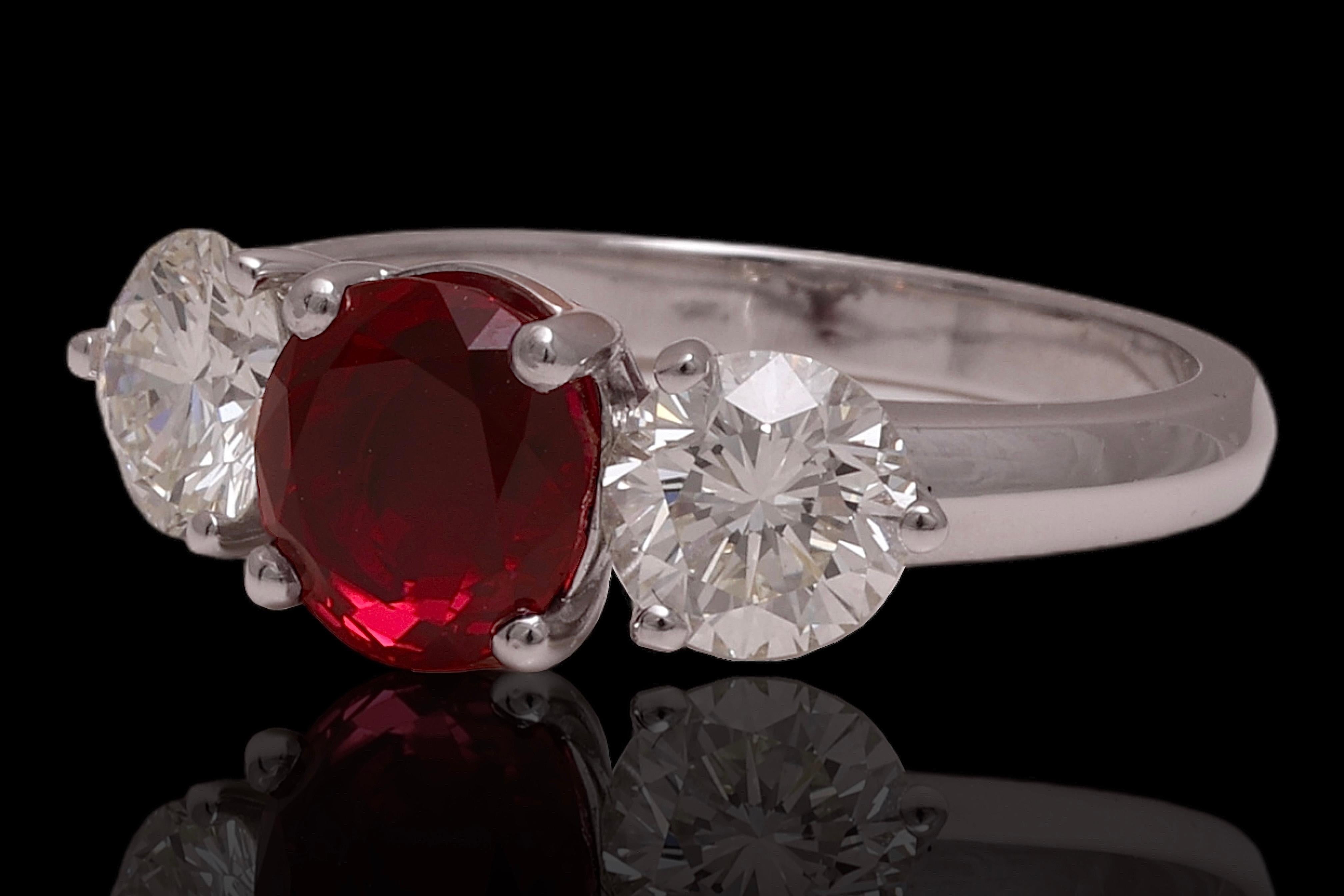 Brilliant Cut 18kt Gold Ring GRS 2.19 Ct Burmese Pigeon Blood Vivid Red Ruby & 1.5ct Diamonds For Sale