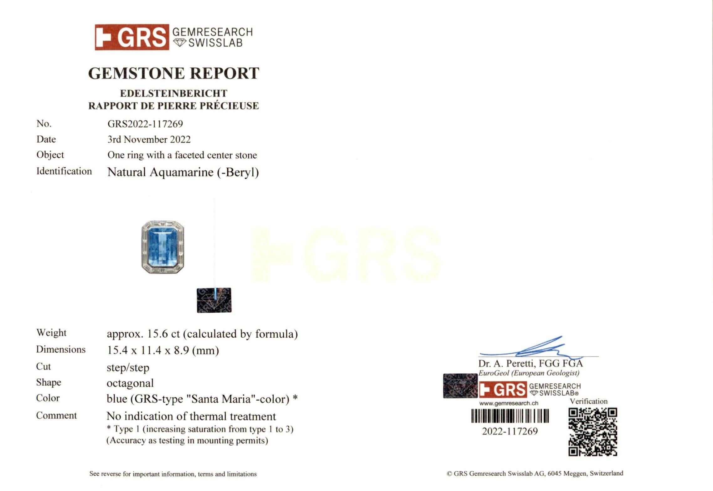 18kt Gold Ring GRS Certified Santa Maria Aquamarine 15.6ct, Estate Sultan Oman For Sale 4