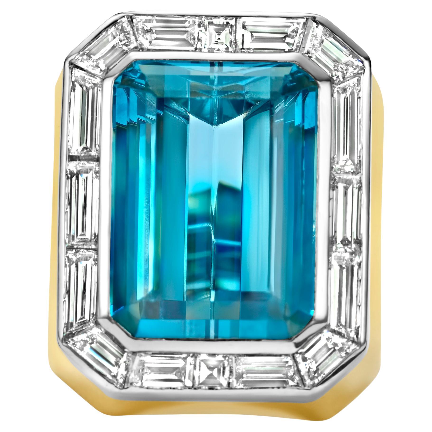 Gorgeous 18kt Gold Ring with massive 15.6 ct. Natural Santa Maria Aquamarine & Diamonds from Estate of His Majesty the Sultan of oman Qaboos Bin Said

Aquamarine: 15.6 ct. Natural blue aquamarine, Step cut, Octagonal shape with no indications of