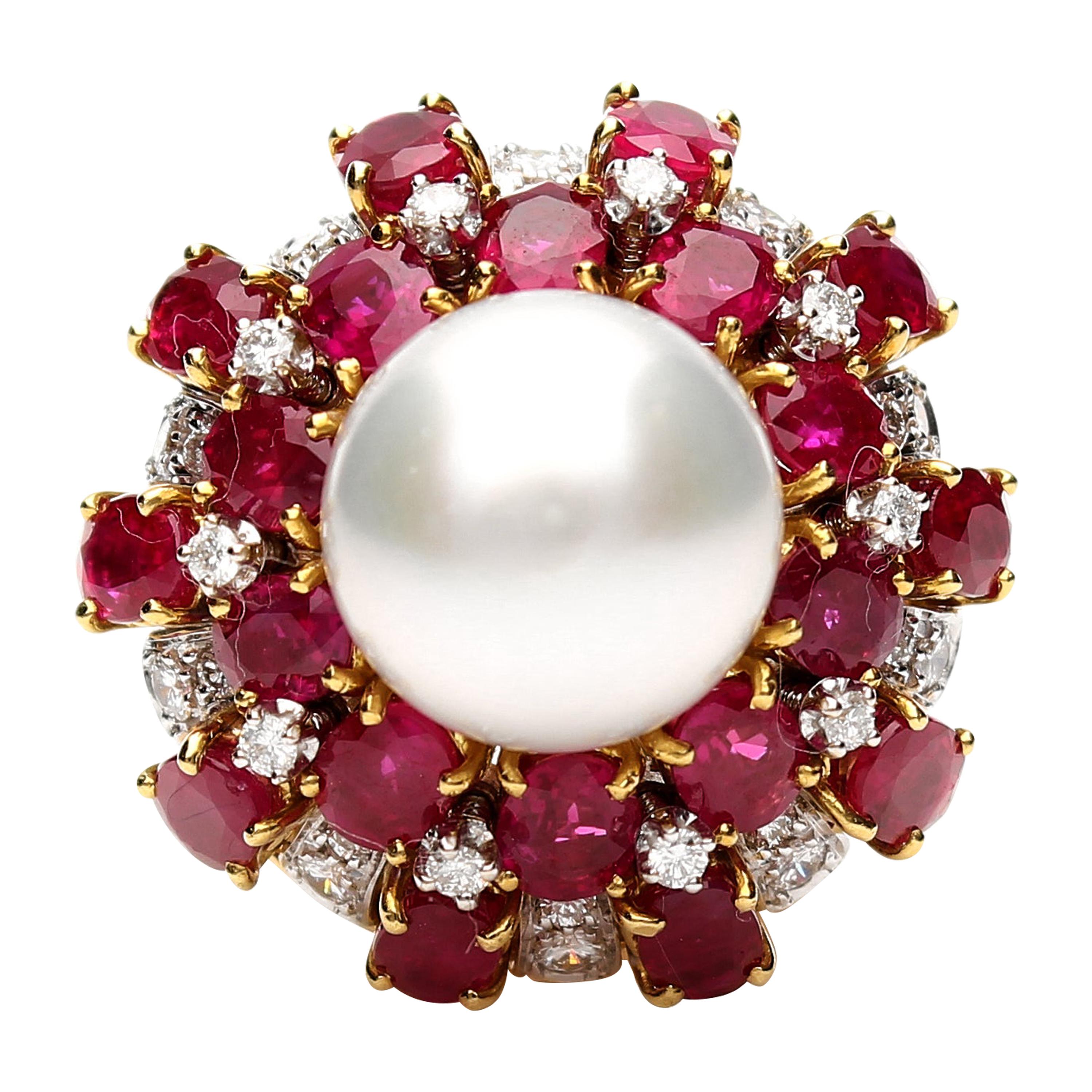 18 Karat Gold Ring with Oval Cut Rubies, Diamonds and South Sea Pearl