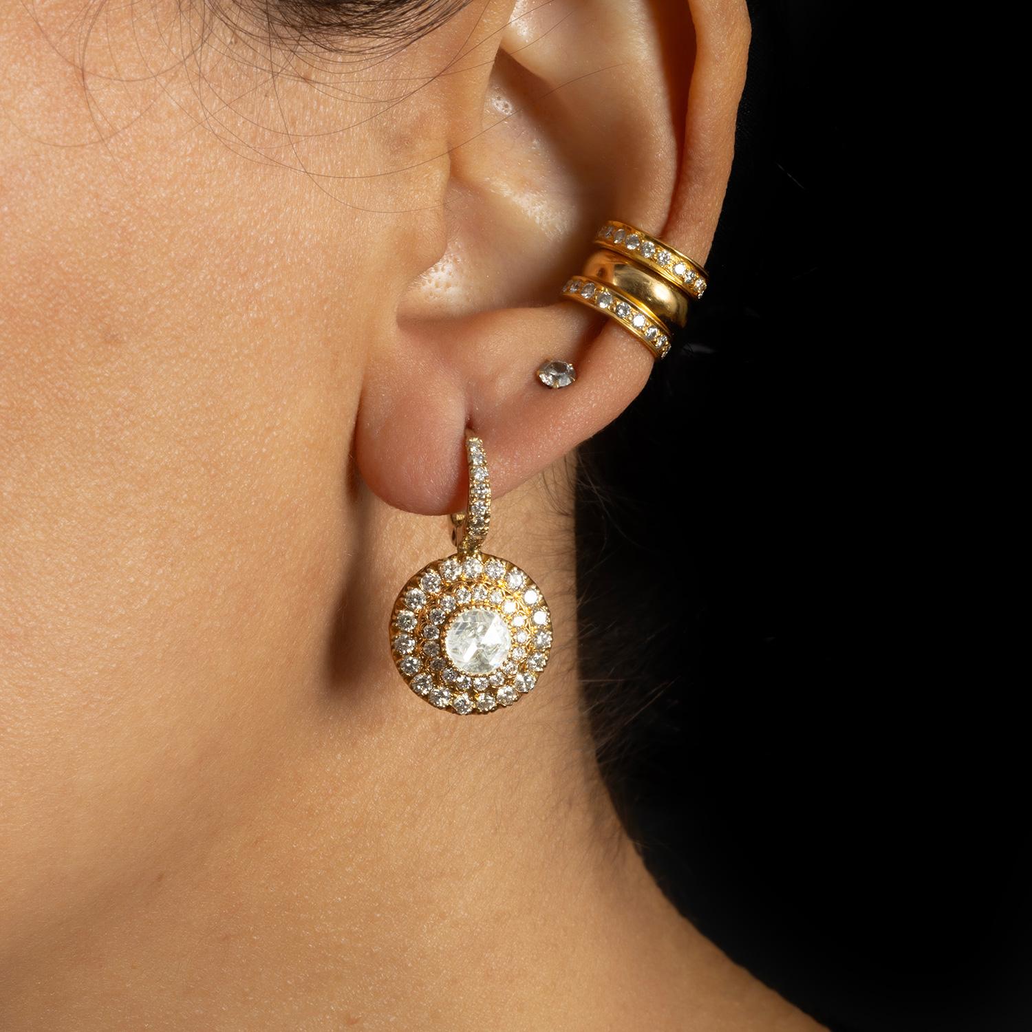 Women's or Men's 18kt Gold Rose Cut & Brilliant Cut Diamond Filigree Detail Drop Earrings For Sale