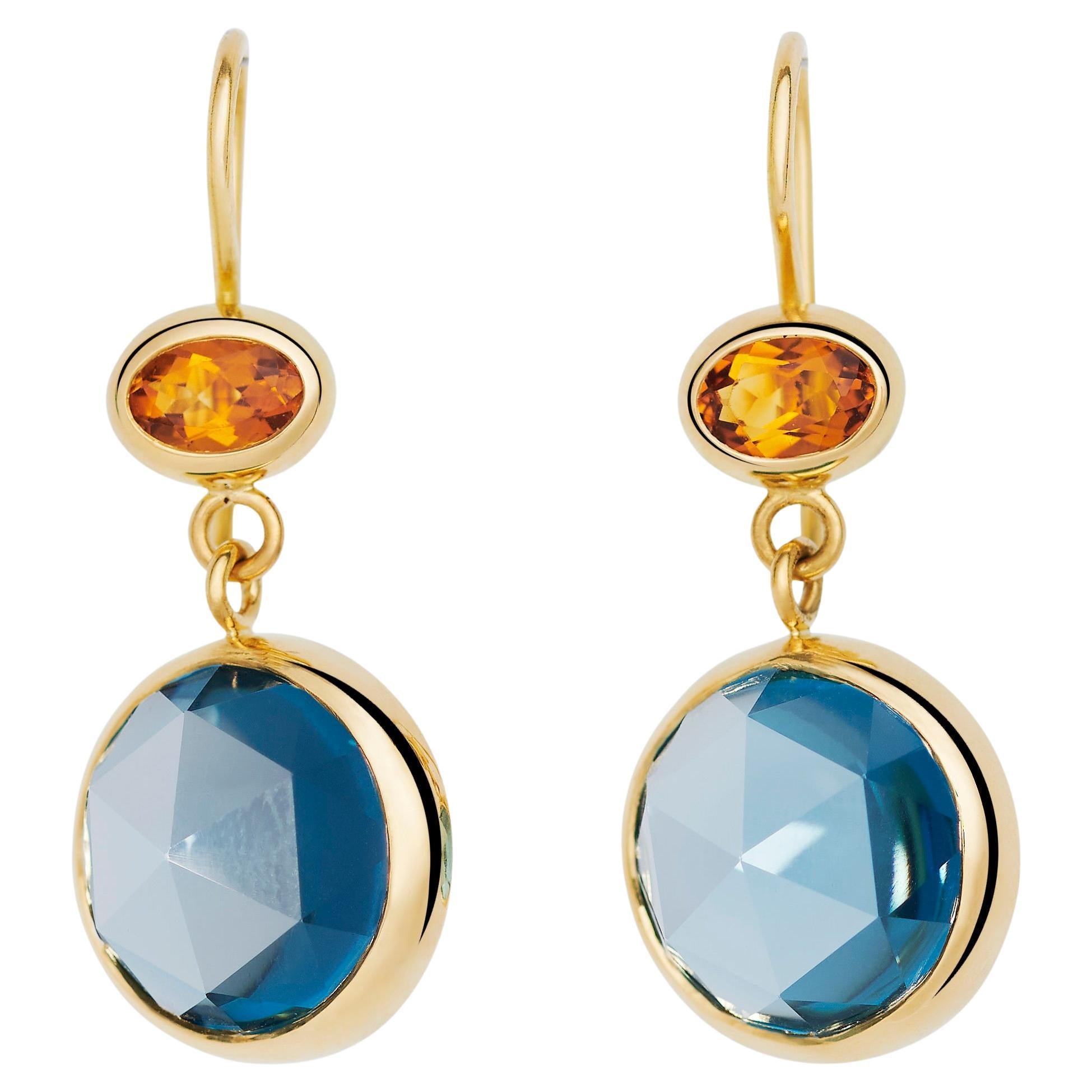18kt gold Rose Cut London Blue Topaz and Citrine Earrings For Sale