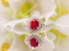 18Kt Gold Ruby Diamond Engagement Anniversary Halo Ring