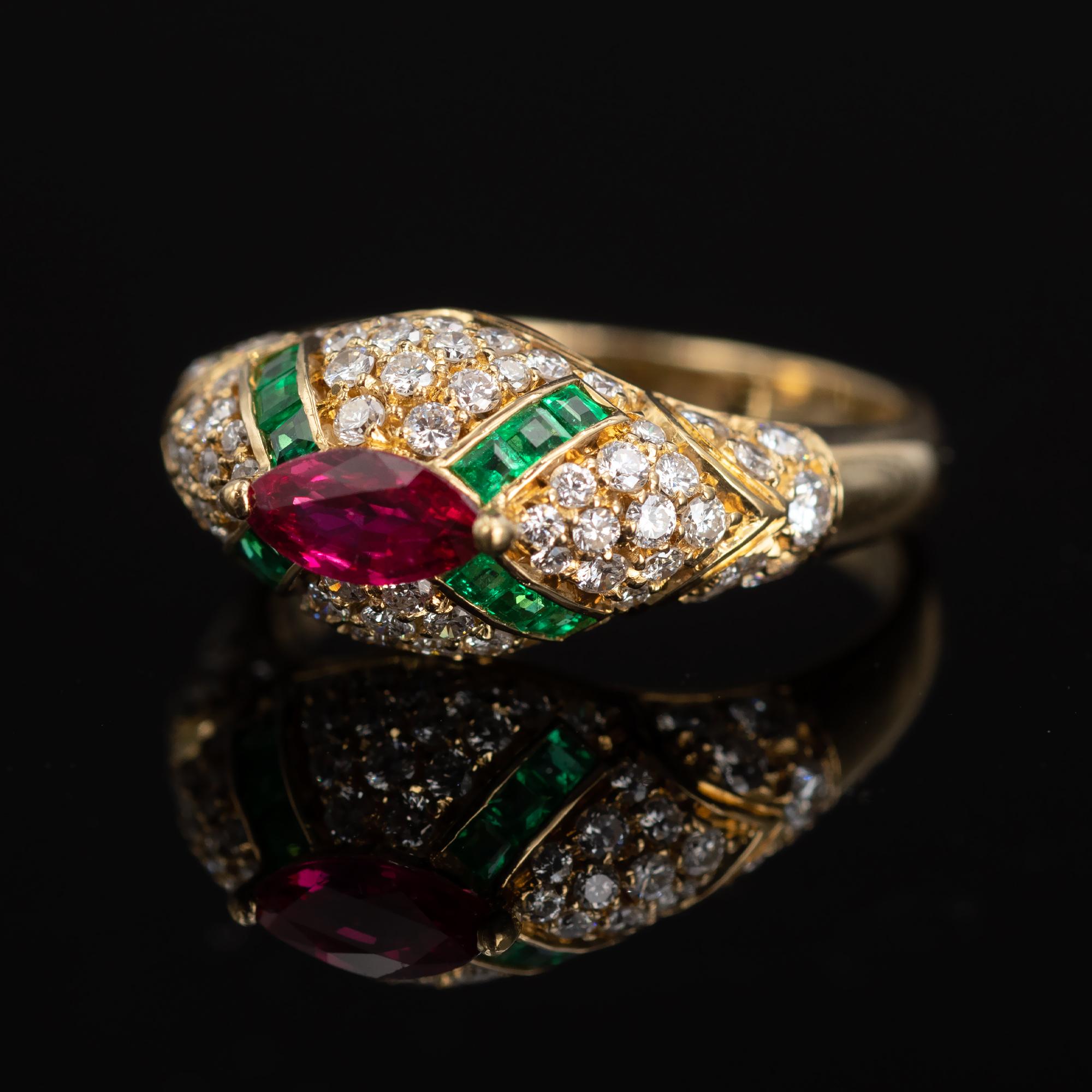 Contemporary Ruby Emerald and Diamond 18-Karat Gold Dome Ring For Sale