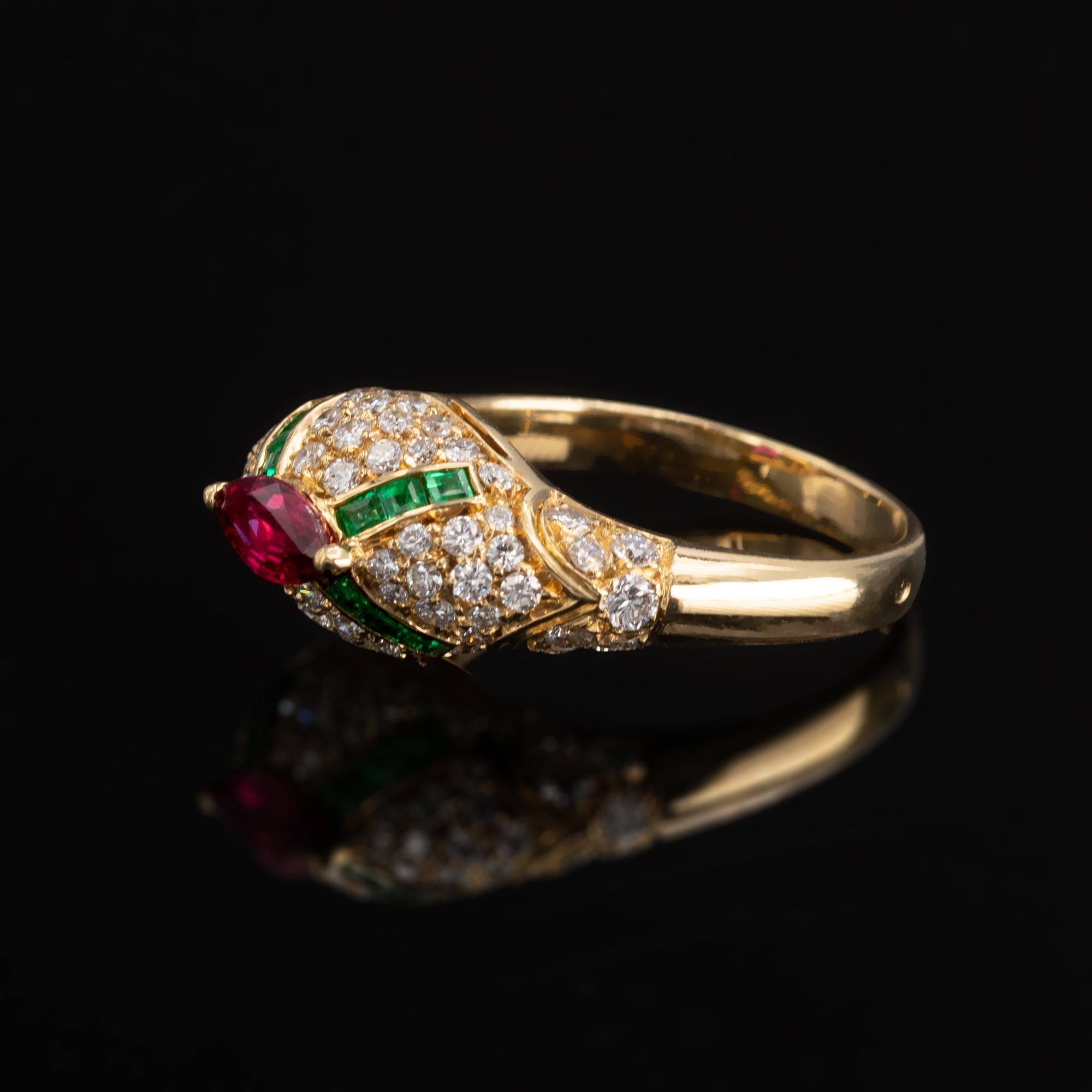 Marquise Cut Ruby Emerald and Diamond 18-Karat Gold Dome Ring For Sale