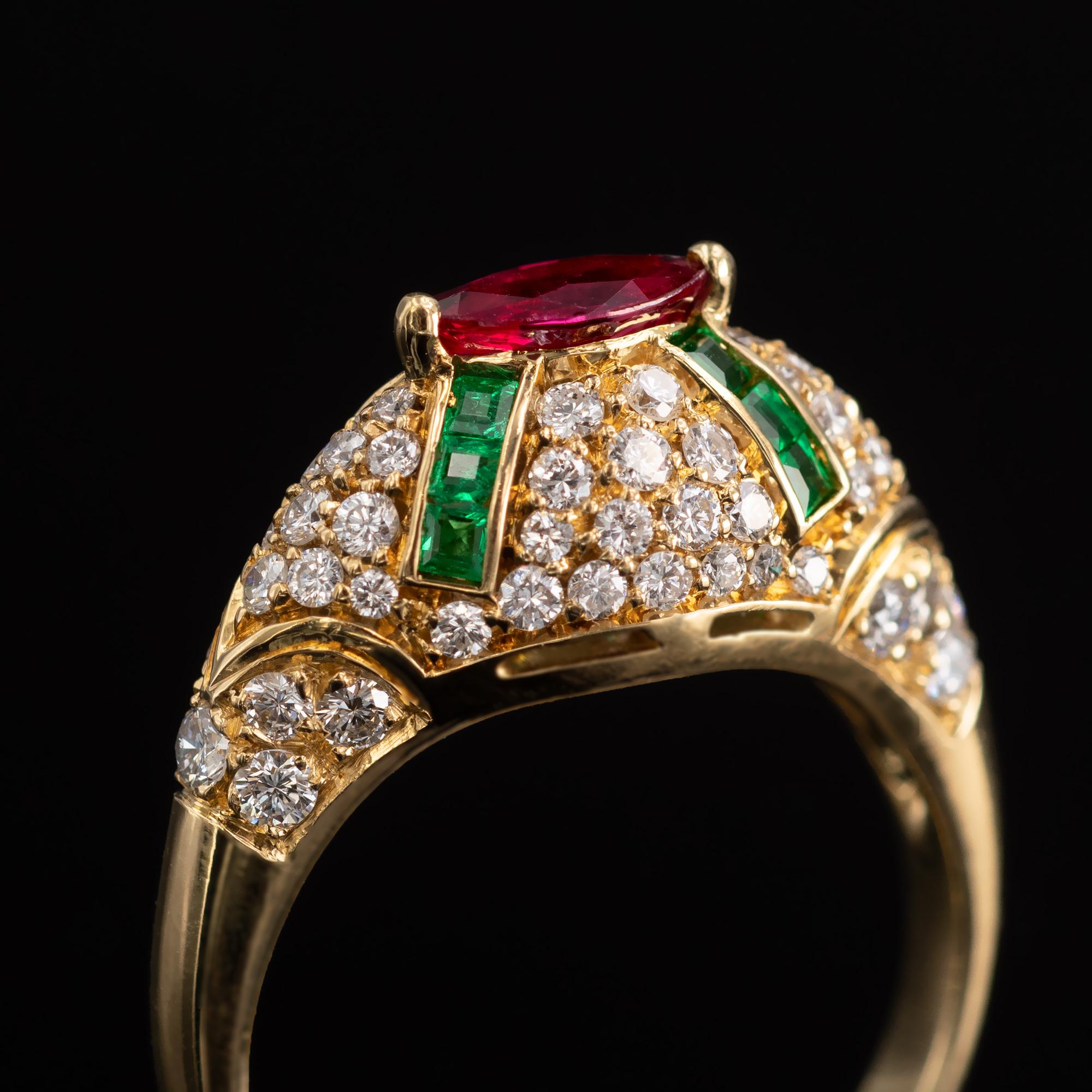 Women's Ruby Emerald and Diamond 18-Karat Gold Dome Ring For Sale