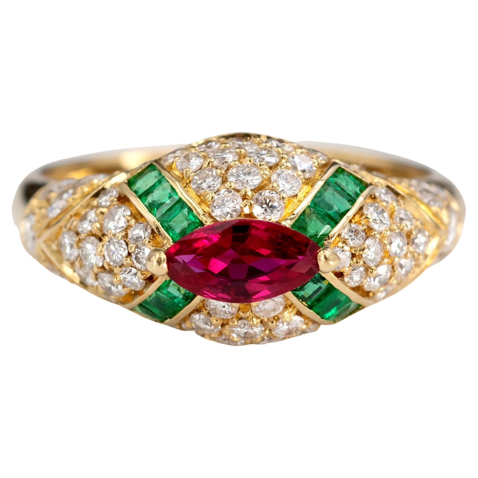 Ruby Emerald and Diamond 18-Karat Gold Dome Ring For Sale